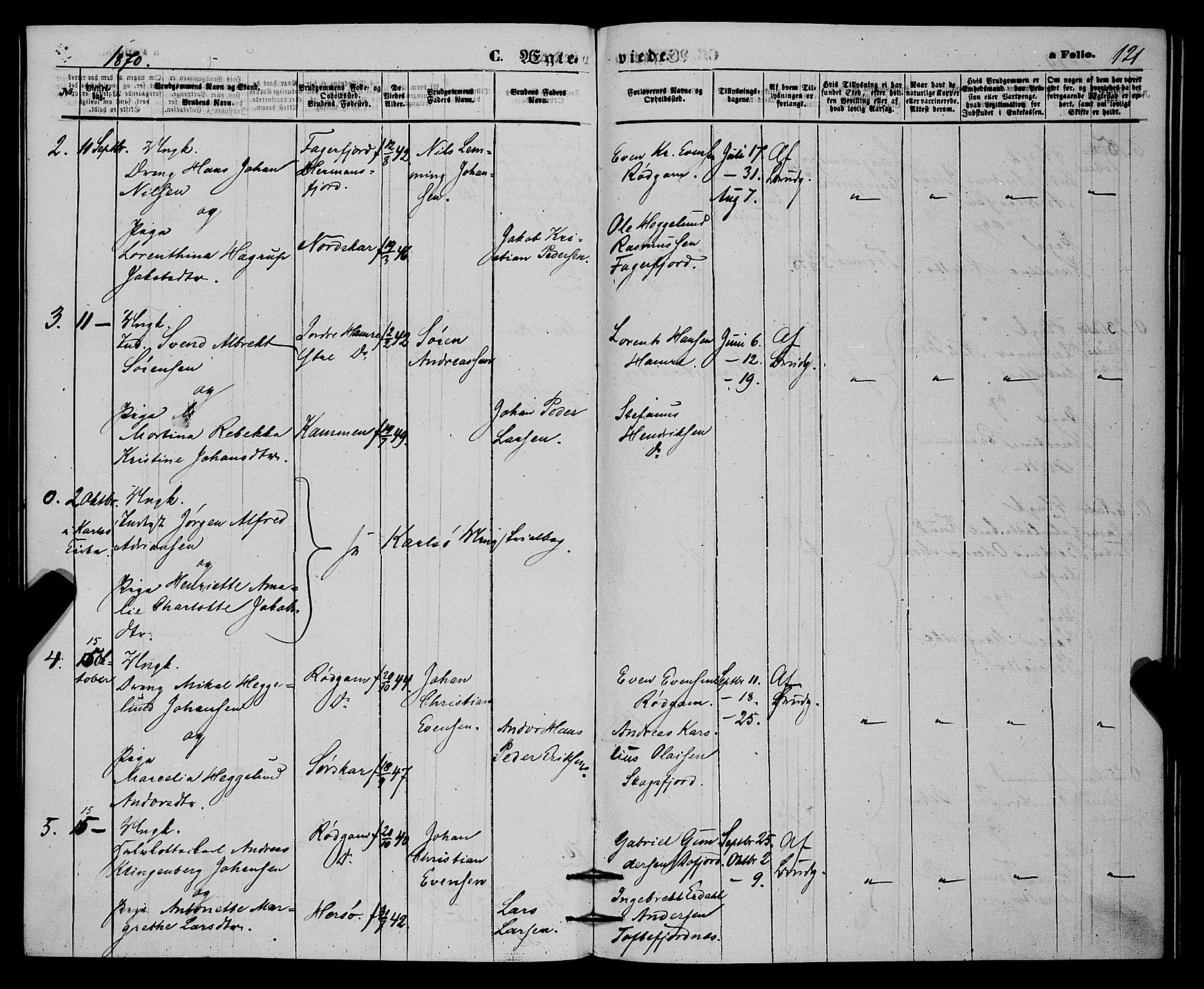 Karlsøy sokneprestembete, AV/SATØ-S-1299/H/Ha/Haa/L0010kirke: Parish register (official) no. 10, 1867-1878, p. 121