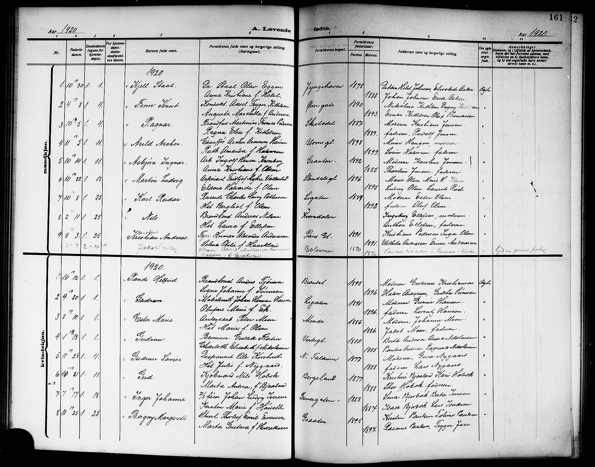 Skien kirkebøker, SAKO/A-302/G/Ga/L0009: Parish register (copy) no. 9, 1910-1920, p. 161