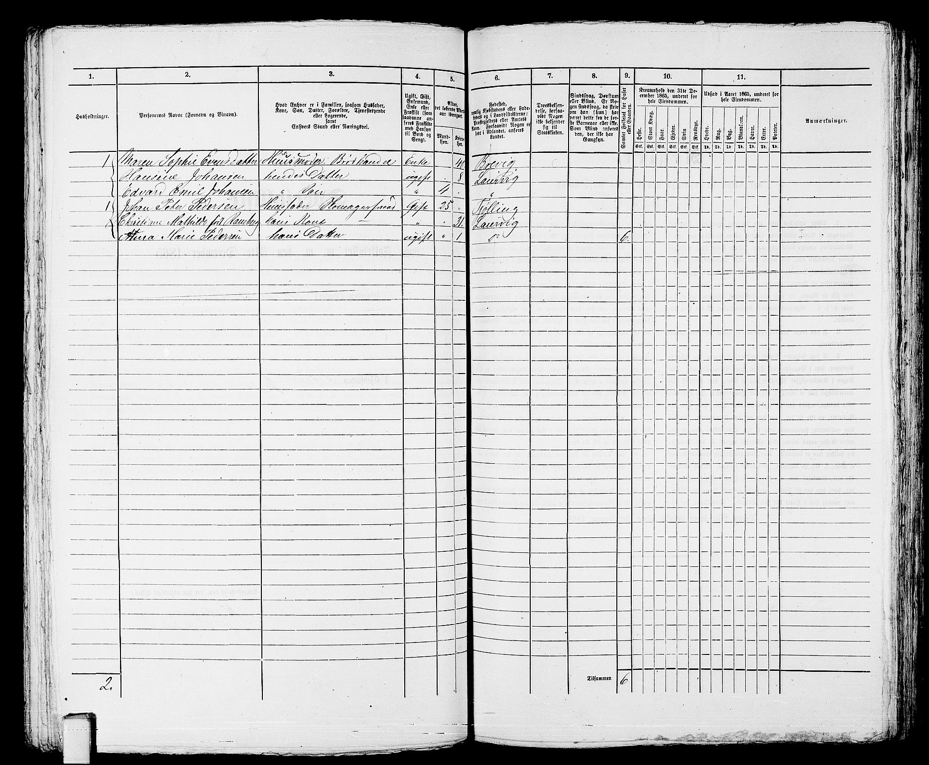 RA, 1865 census for Larvik, 1865, p. 288