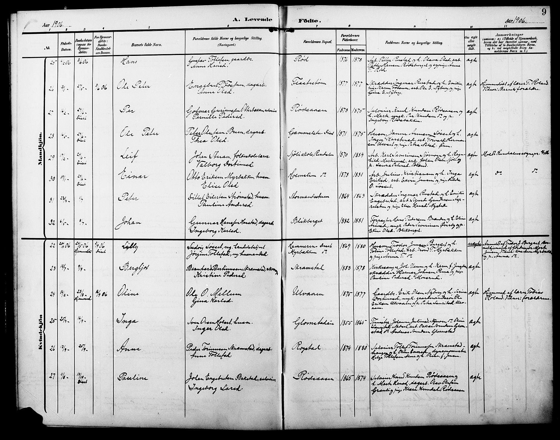 Åmot prestekontor, Hedmark, AV/SAH-PREST-056/H/Ha/Hab/L0004: Parish register (copy) no. 4, 1905-1920, p. 9