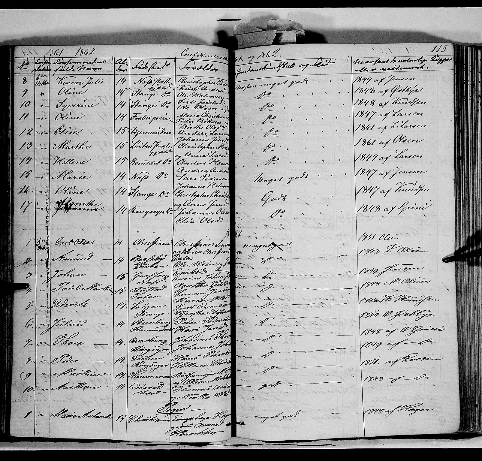Vang prestekontor, Hedmark, SAH/PREST-008/H/Ha/Haa/L0011: Parish register (official) no. 11, 1852-1877, p. 115