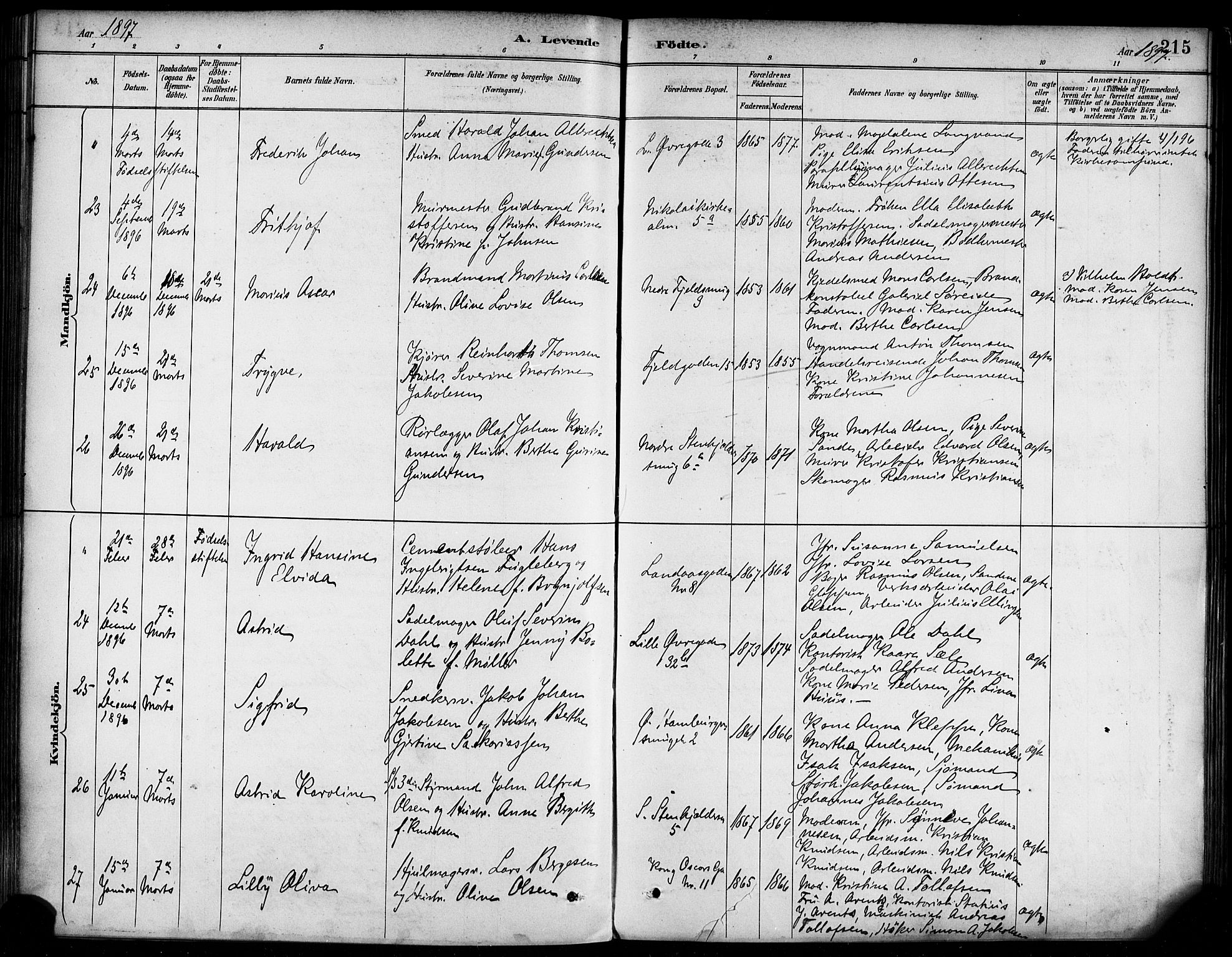 Korskirken sokneprestembete, SAB/A-76101/H/Haa/L0022: Parish register (official) no. B 8, 1889-1899, p. 215