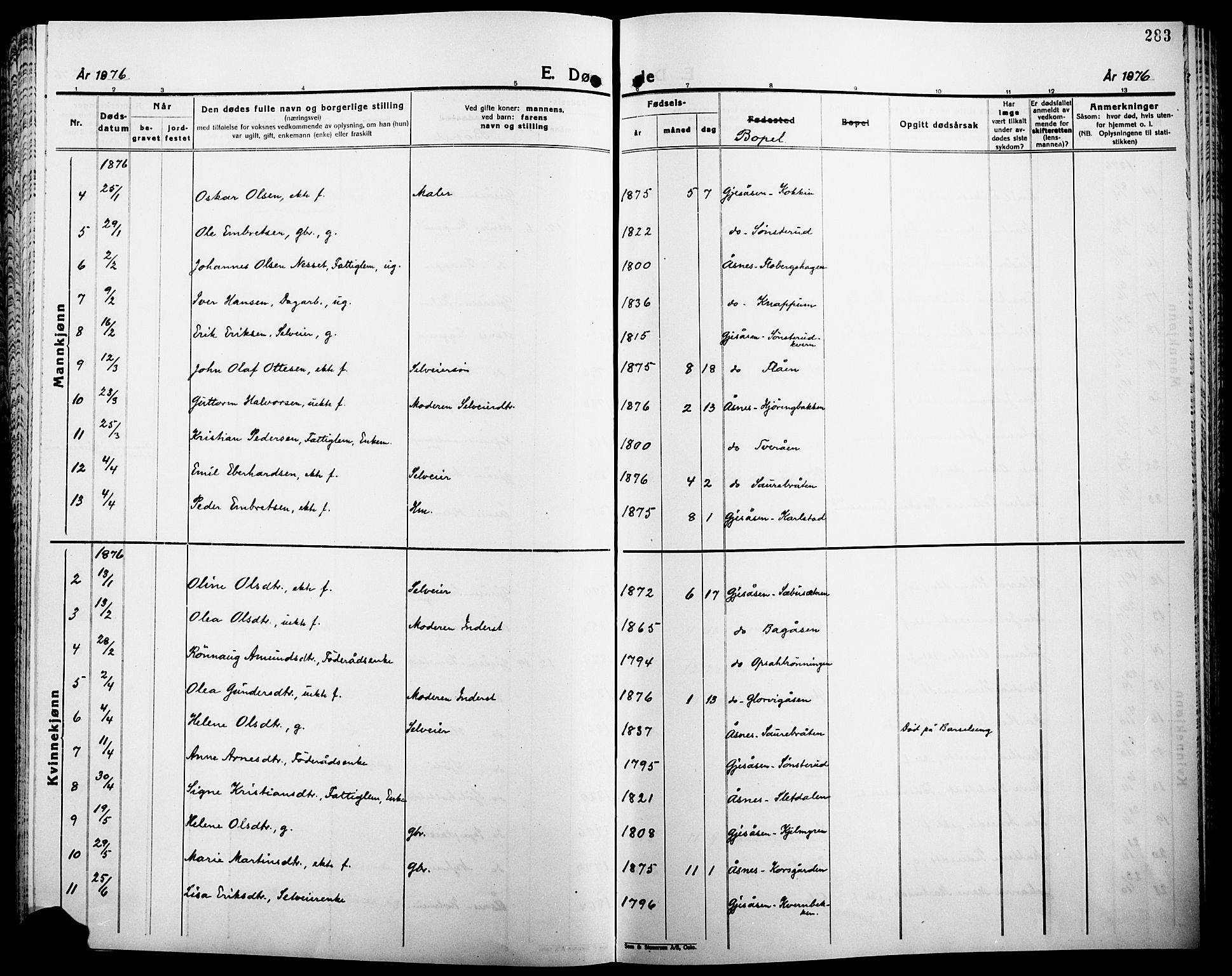 Åsnes prestekontor, SAH/PREST-042/H/Ha/Haa/L0000B: Parish register (official), 1870-1889, p. 283