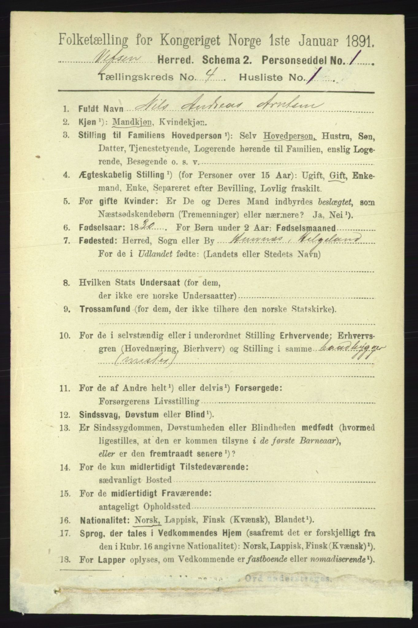 RA, 1891 census for 1824 Vefsn, 1891, p. 1621