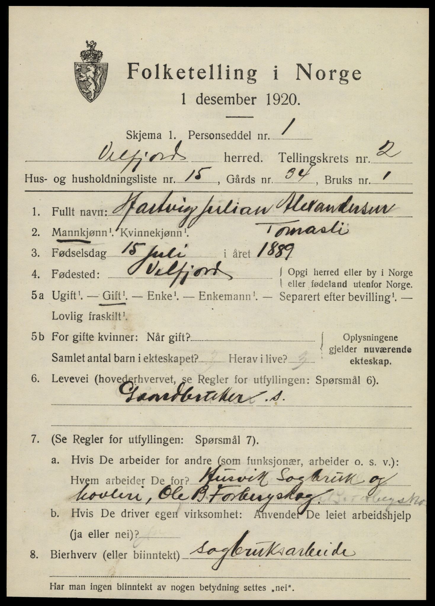 SAT, 1920 census for Velfjord, 1920, p. 1365