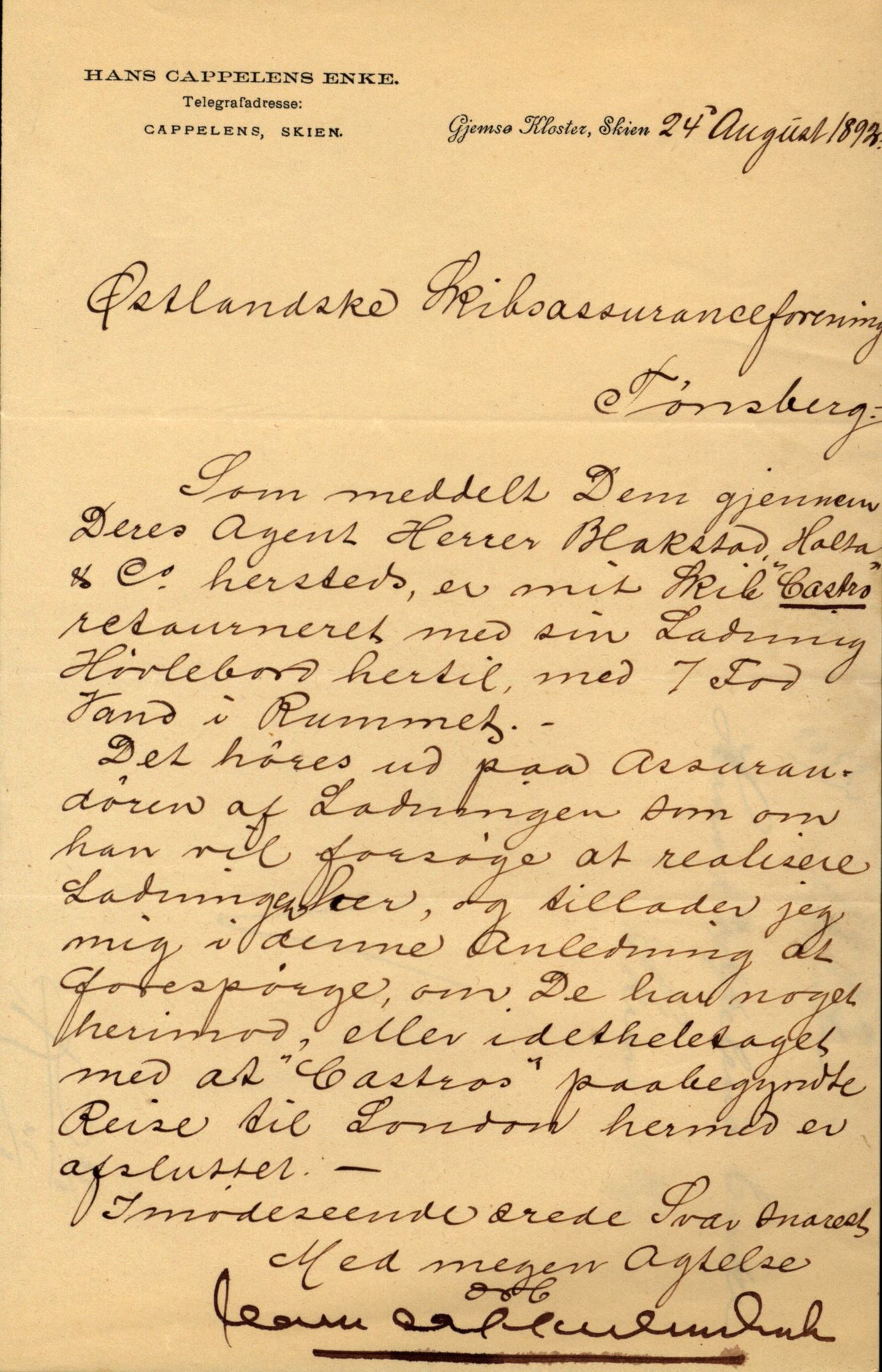 Pa 63 - Østlandske skibsassuranceforening, VEMU/A-1079/G/Ga/L0029/0002: Havaridokumenter / Johanne, Ocean, Capella, Columbus, Castro, 1892, p. 52