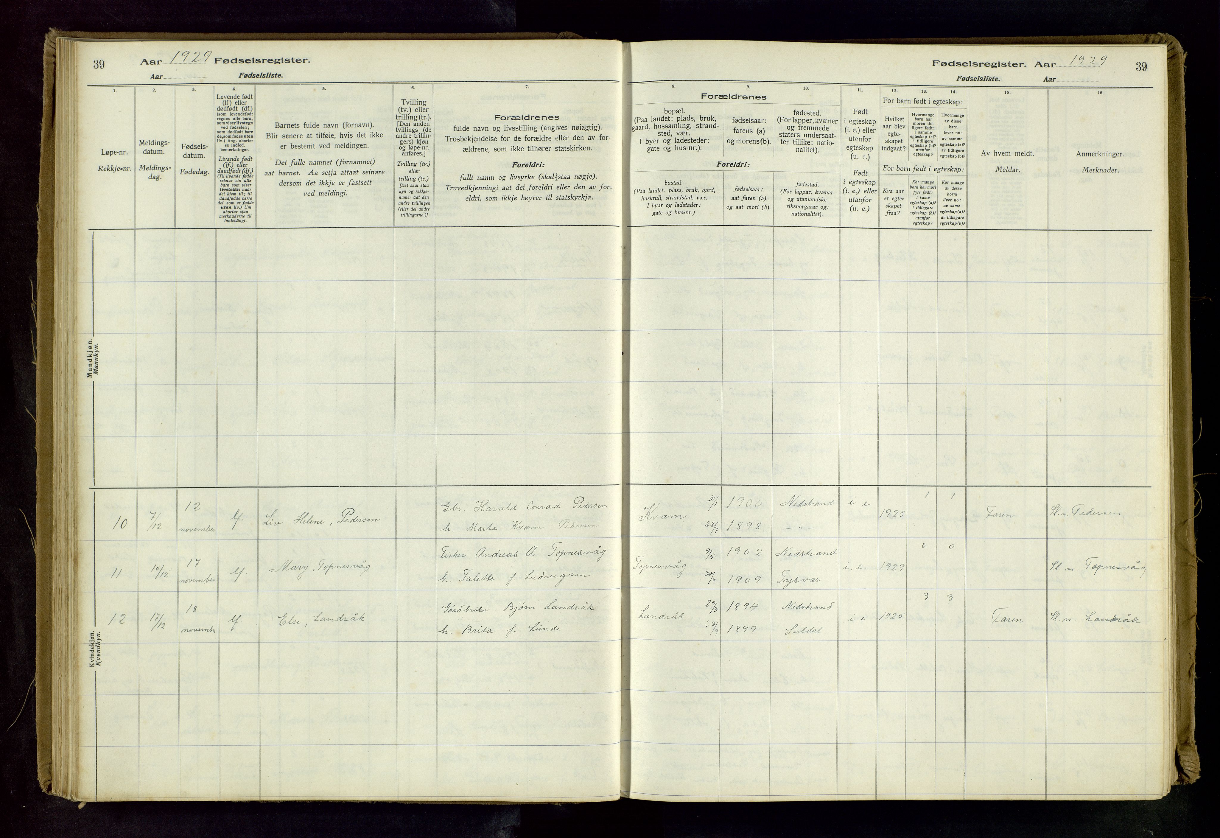 Nedstrand sokneprestkontor, AV/SAST-A-101841/03/C/L0001: Birth register no. 1, 1916-1981, p. 39