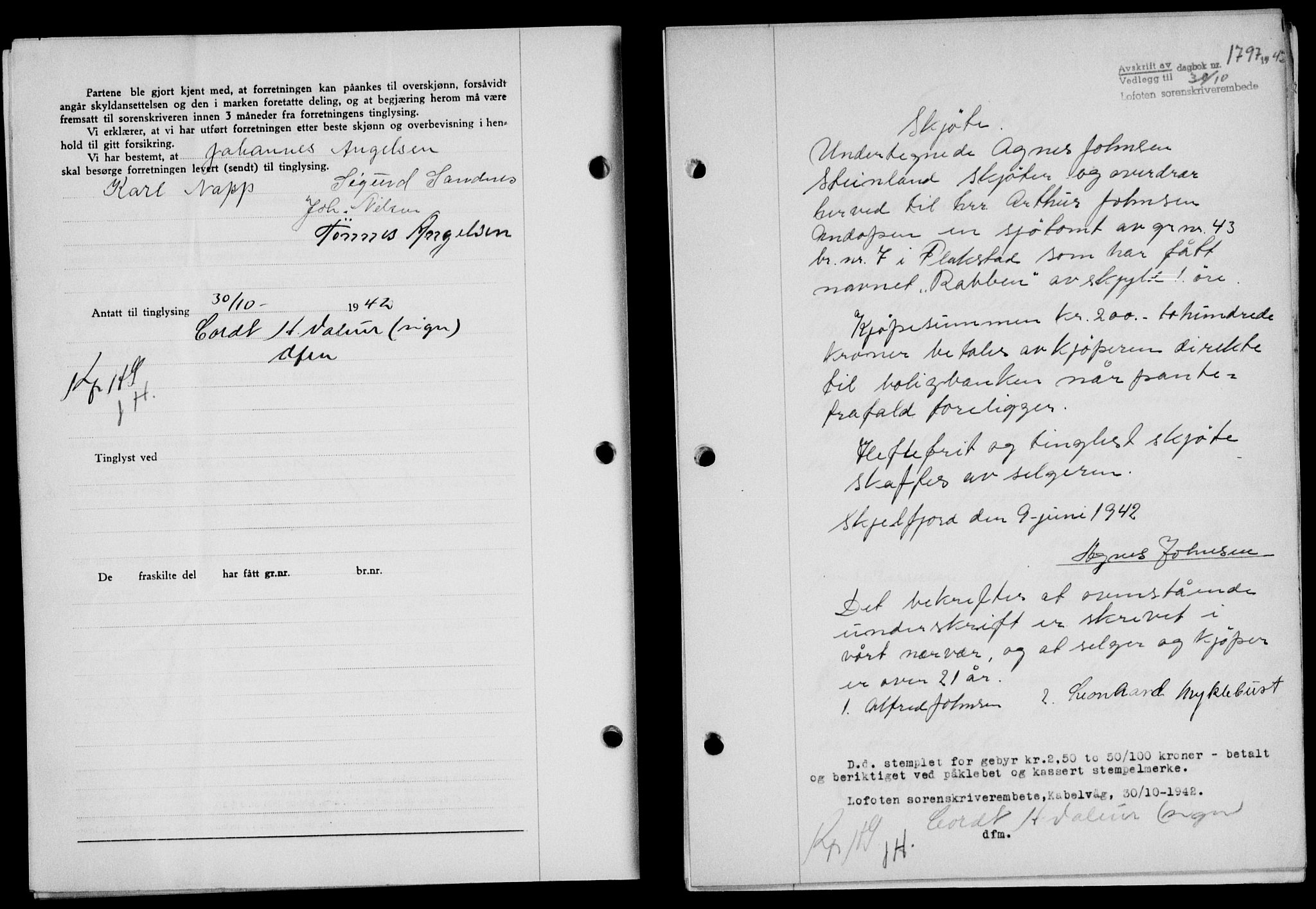 Lofoten sorenskriveri, SAT/A-0017/1/2/2C/L0010a: Mortgage book no. 10a, 1942-1943, Diary no: : 1797/1942