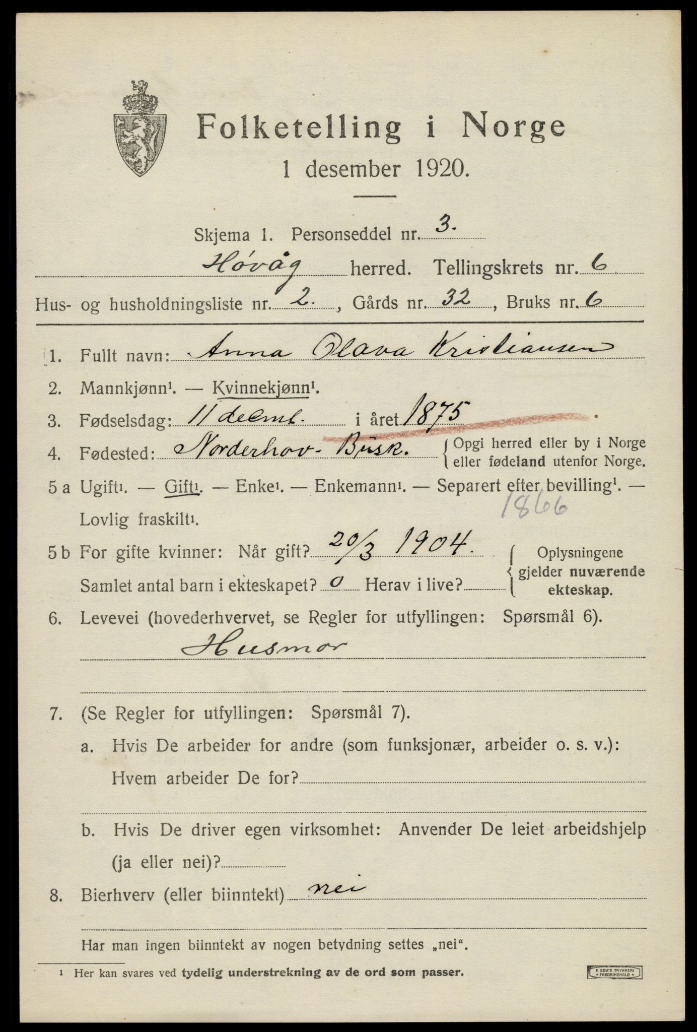 SAK, 1920 census for Høvåg, 1920, p. 3104