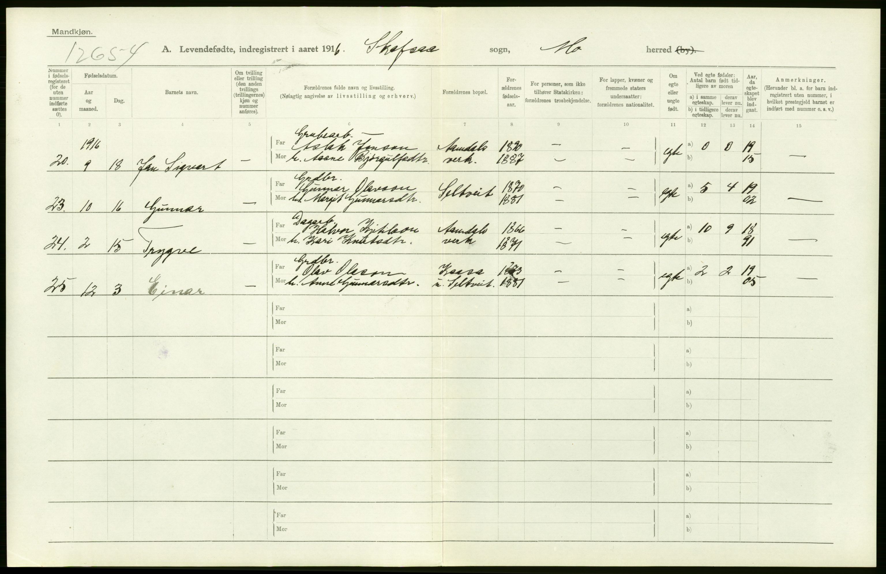 Statistisk sentralbyrå, Sosiodemografiske emner, Befolkning, AV/RA-S-2228/D/Df/Dfb/Dfbf/L0022: Bratsberg amt: Levendefødte menn og kvinner. Bygder., 1916, p. 26