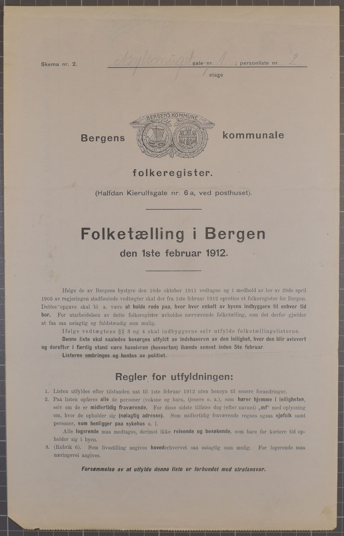 SAB, Municipal Census 1912 for Bergen, 1912, p. 1700