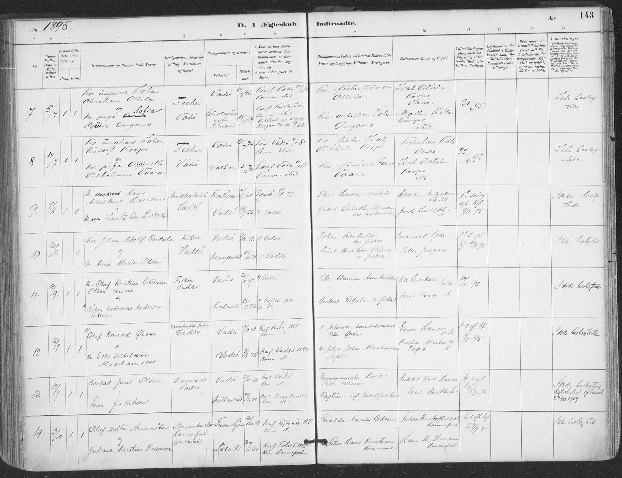 Vadsø sokneprestkontor, AV/SATØ-S-1325/H/Ha/L0006kirke: Parish register (official) no. 6, 1885-1895, p. 143