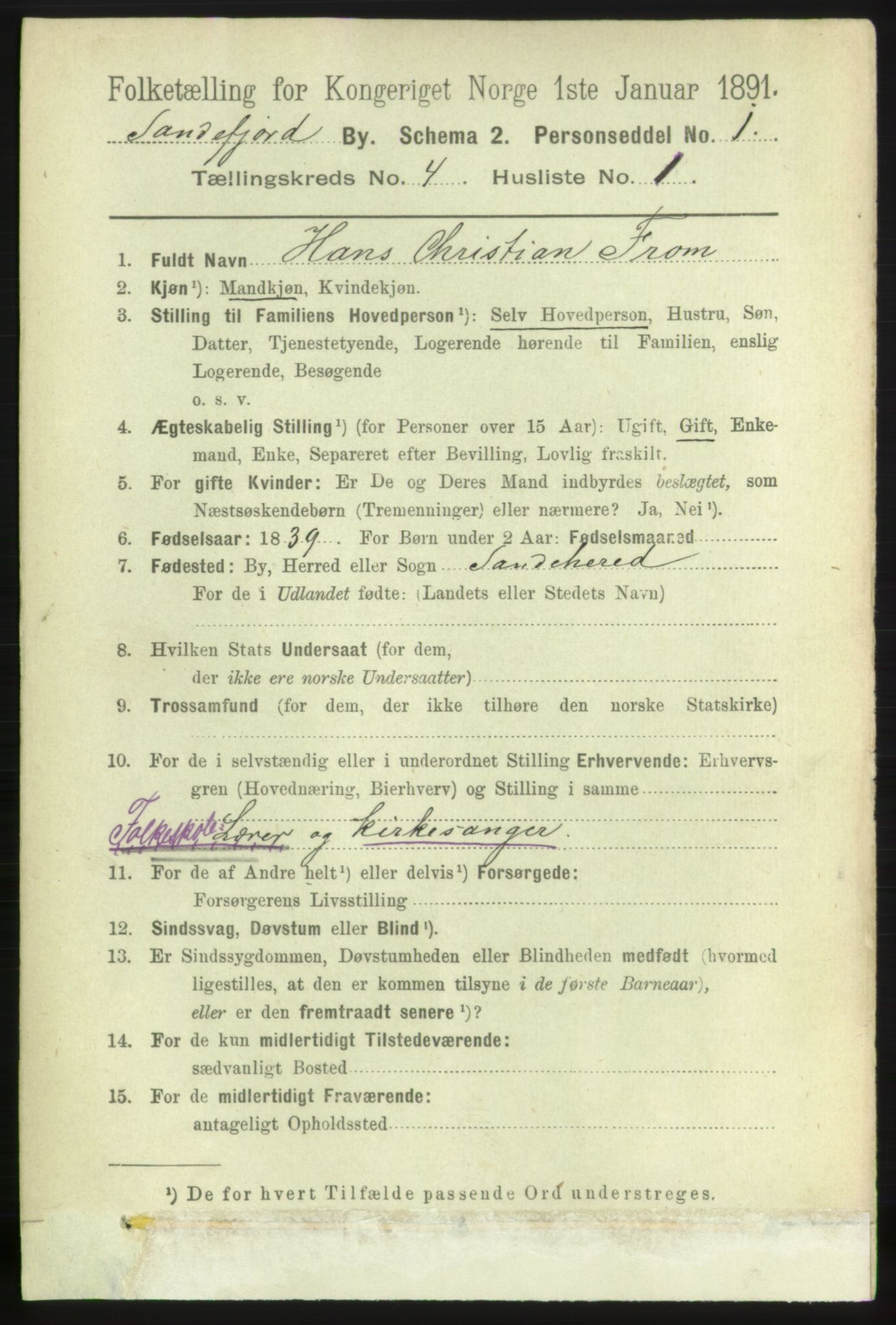 RA, 1891 census for 0706 Sandefjord, 1891, p. 1052