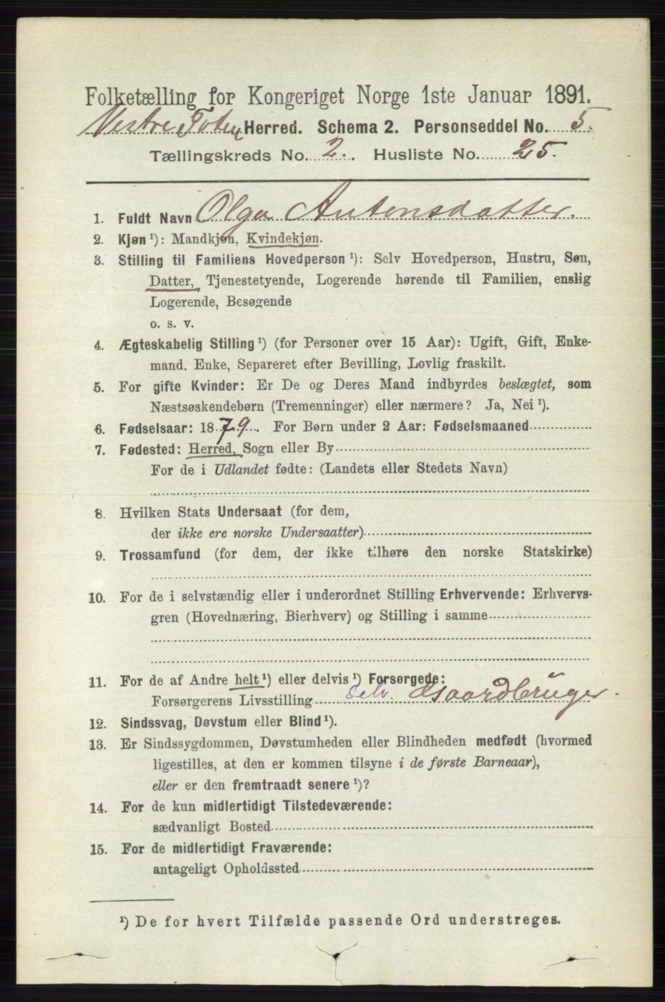 RA, 1891 census for 0529 Vestre Toten, 1891, p. 1541