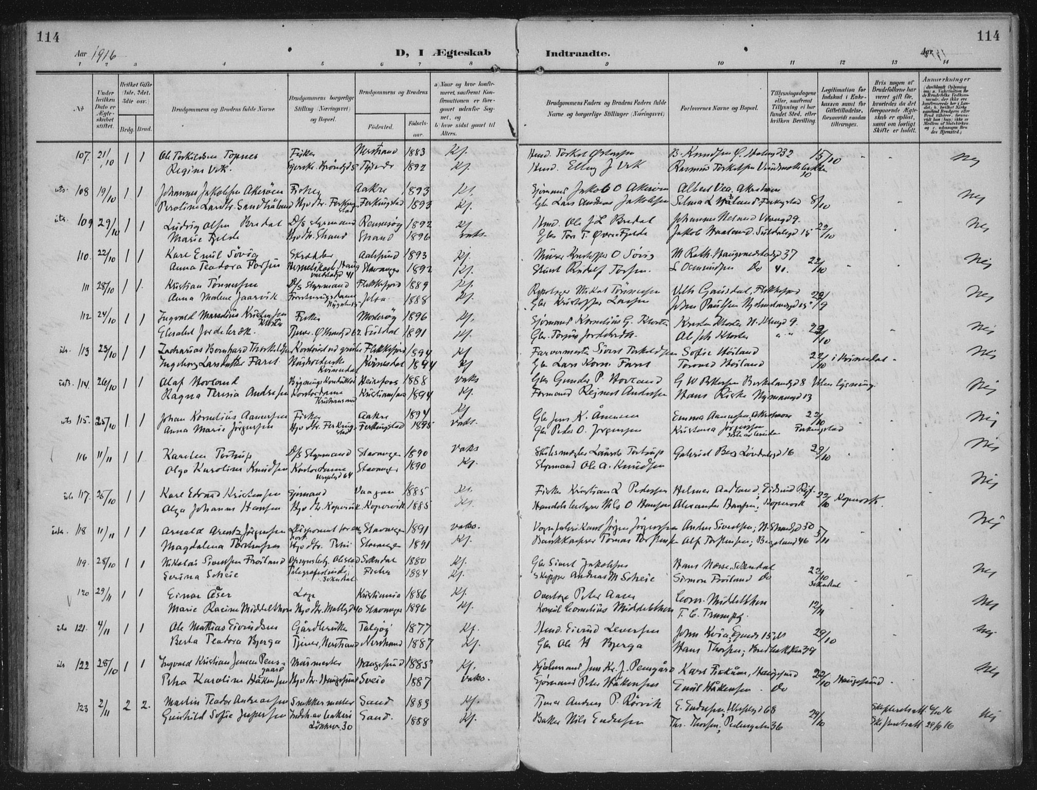 Domkirken sokneprestkontor, AV/SAST-A-101812/002/A/L0016: Parish register (official) no. A 33, 1905-1922, p. 114