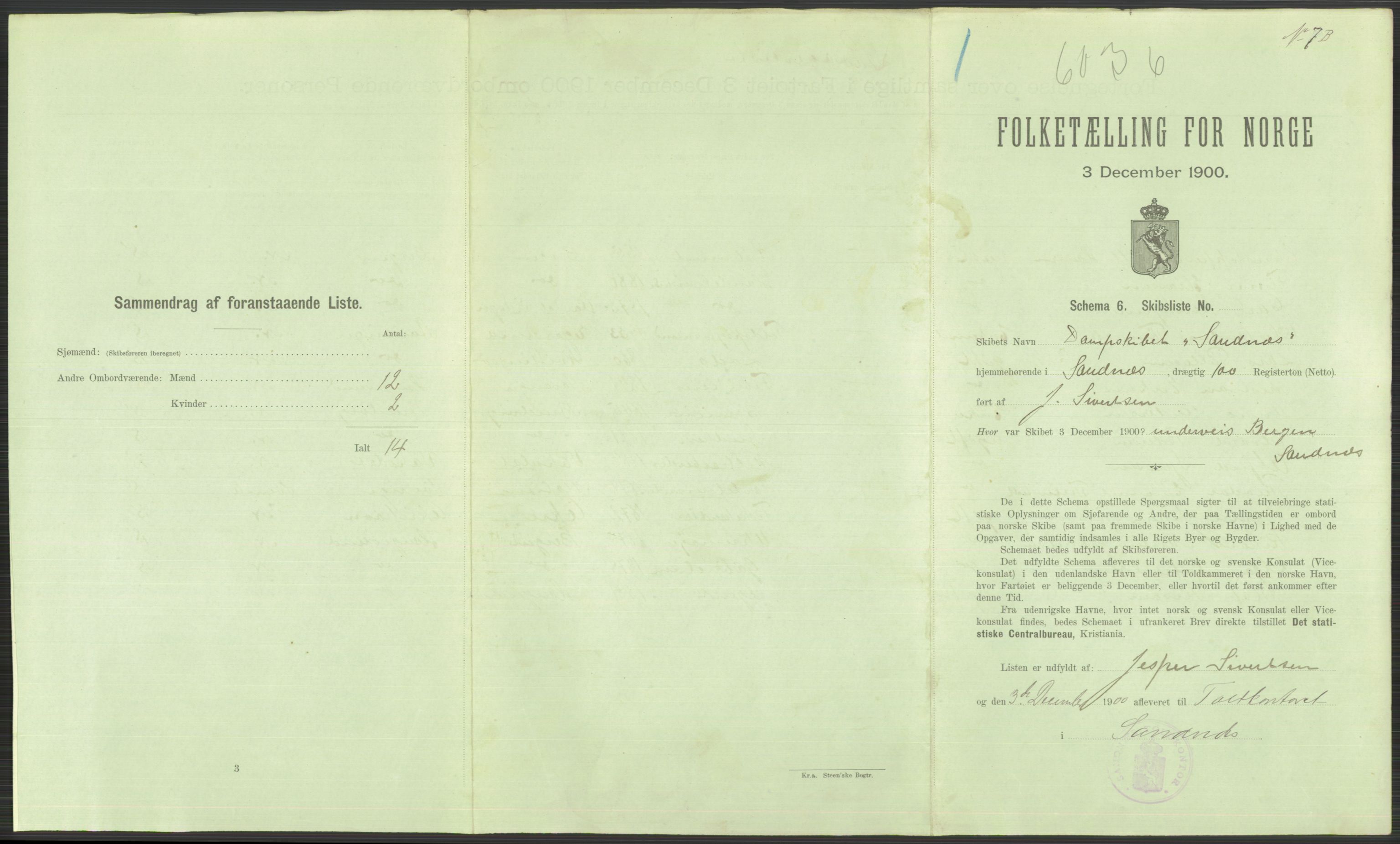 RA, 1900 Census - ship lists from ships in Norwegian harbours, harbours abroad and at sea, 1900, p. 893