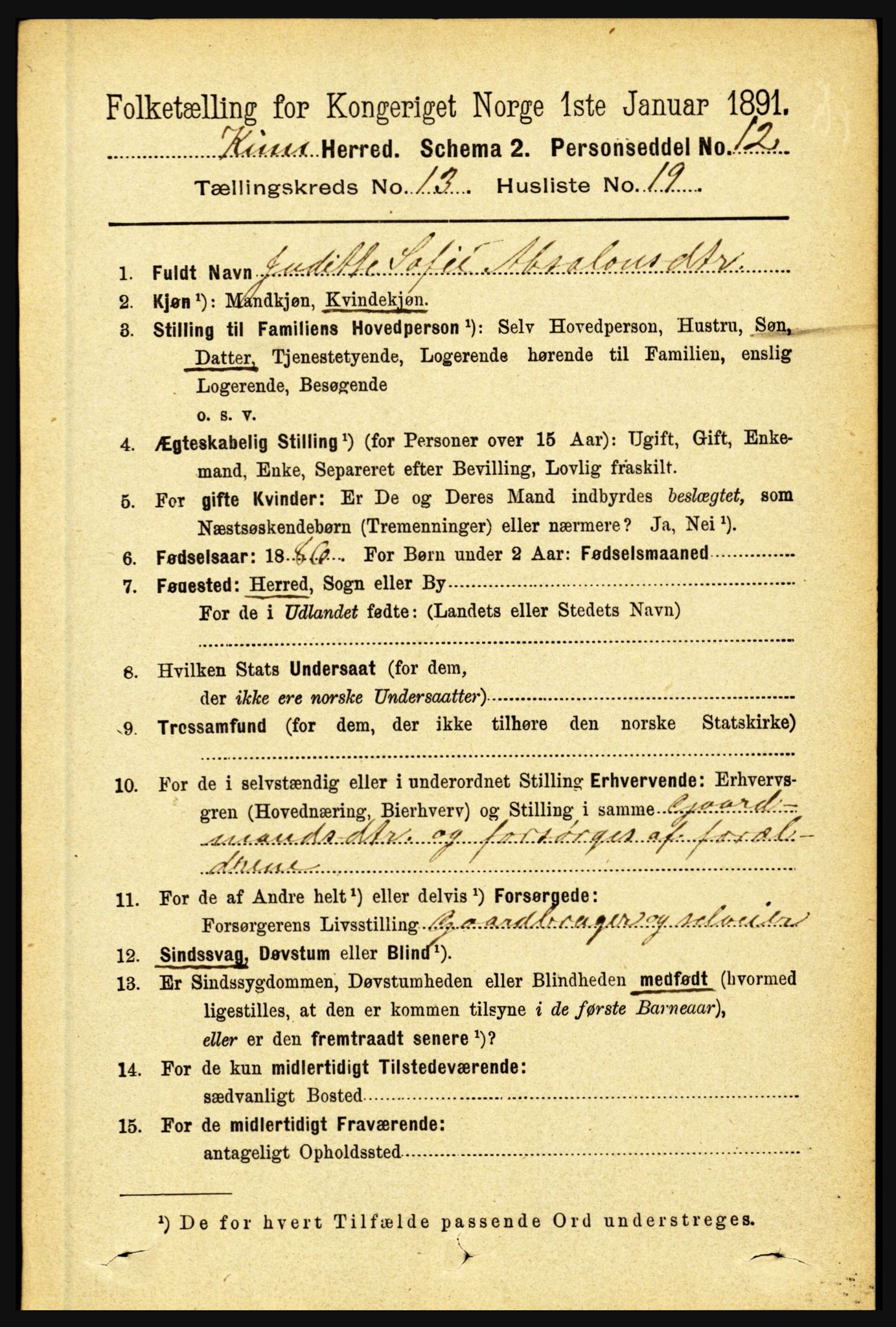 RA, 1891 census for 1437 Kinn, 1891, p. 5198