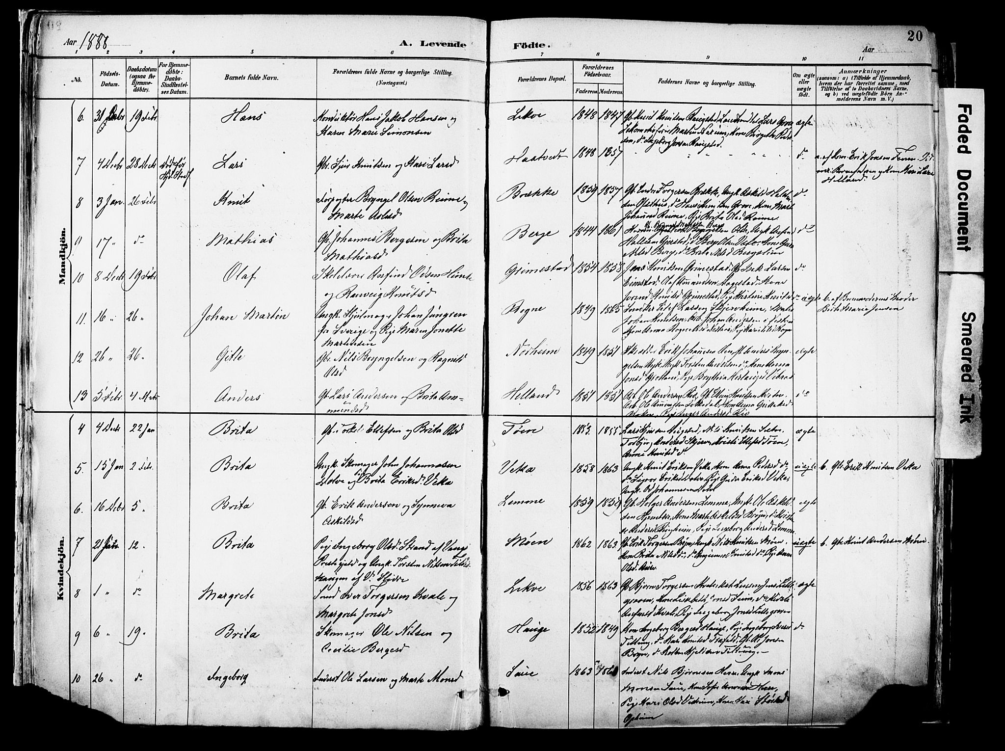 Voss sokneprestembete, SAB/A-79001/H/Haa: Parish register (official) no. A 21, 1887-1903, p. 20