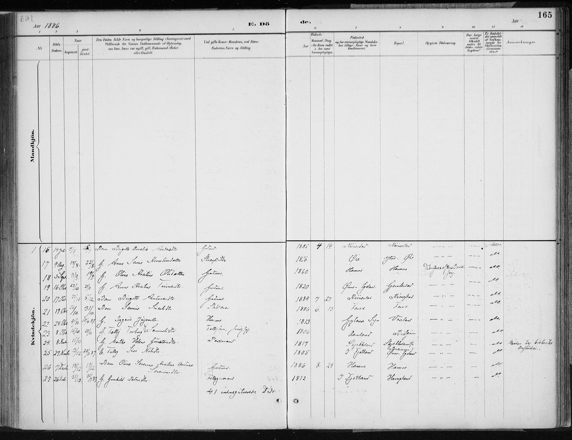 Kvinesdal sokneprestkontor, SAK/1111-0026/F/Fa/Fab/L0008: Parish register (official) no. A 8, 1886-1897, p. 165