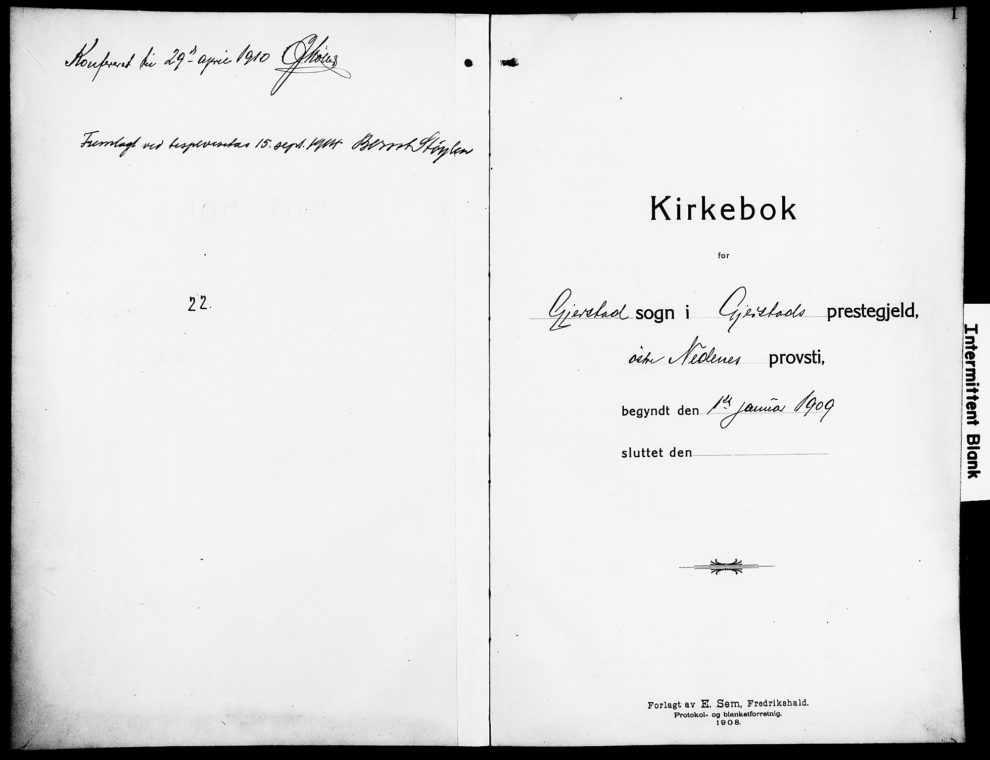 Gjerstad sokneprestkontor, SAK/1111-0014/F/Fb/Fba/L0008: Parish register (copy) no. B 8, 1909-1925, p. 1
