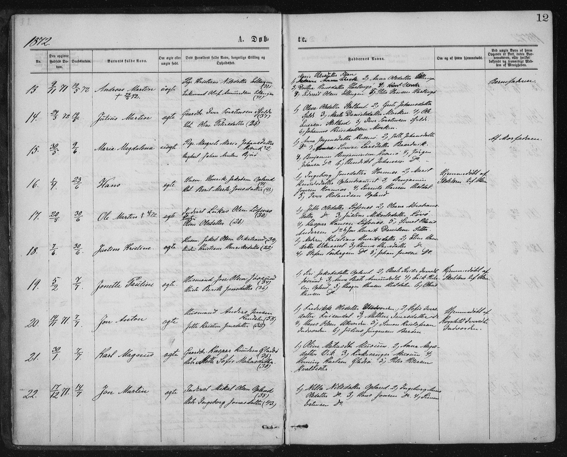 Ministerialprotokoller, klokkerbøker og fødselsregistre - Nord-Trøndelag, SAT/A-1458/771/L0596: Parish register (official) no. 771A03, 1870-1884, p. 12