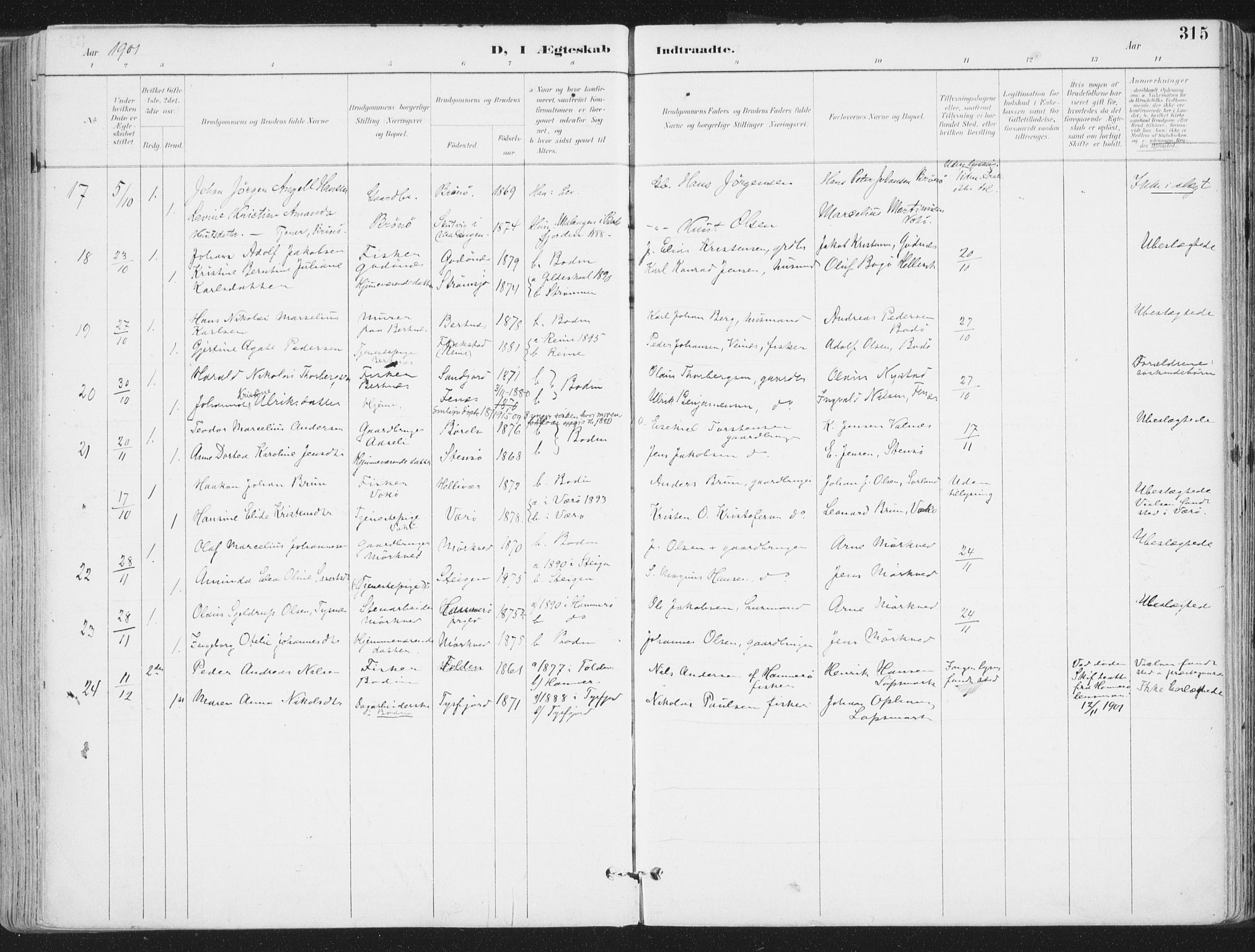 Ministerialprotokoller, klokkerbøker og fødselsregistre - Nordland, AV/SAT-A-1459/802/L0055: Parish register (official) no. 802A02, 1894-1915, p. 315