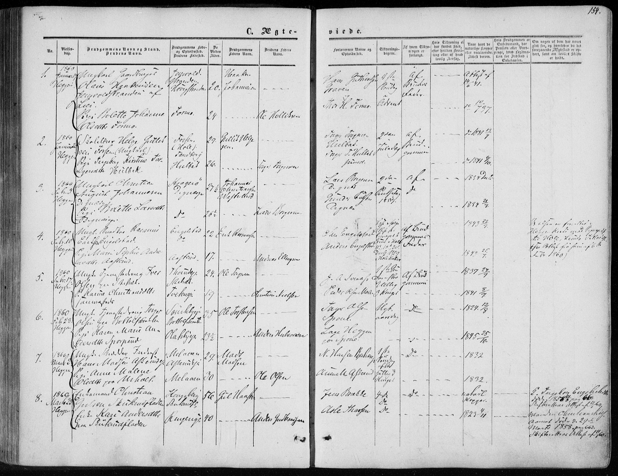 Modum kirkebøker, SAKO/A-234/F/Fa/L0009: Parish register (official) no. 9, 1860-1864, p. 154