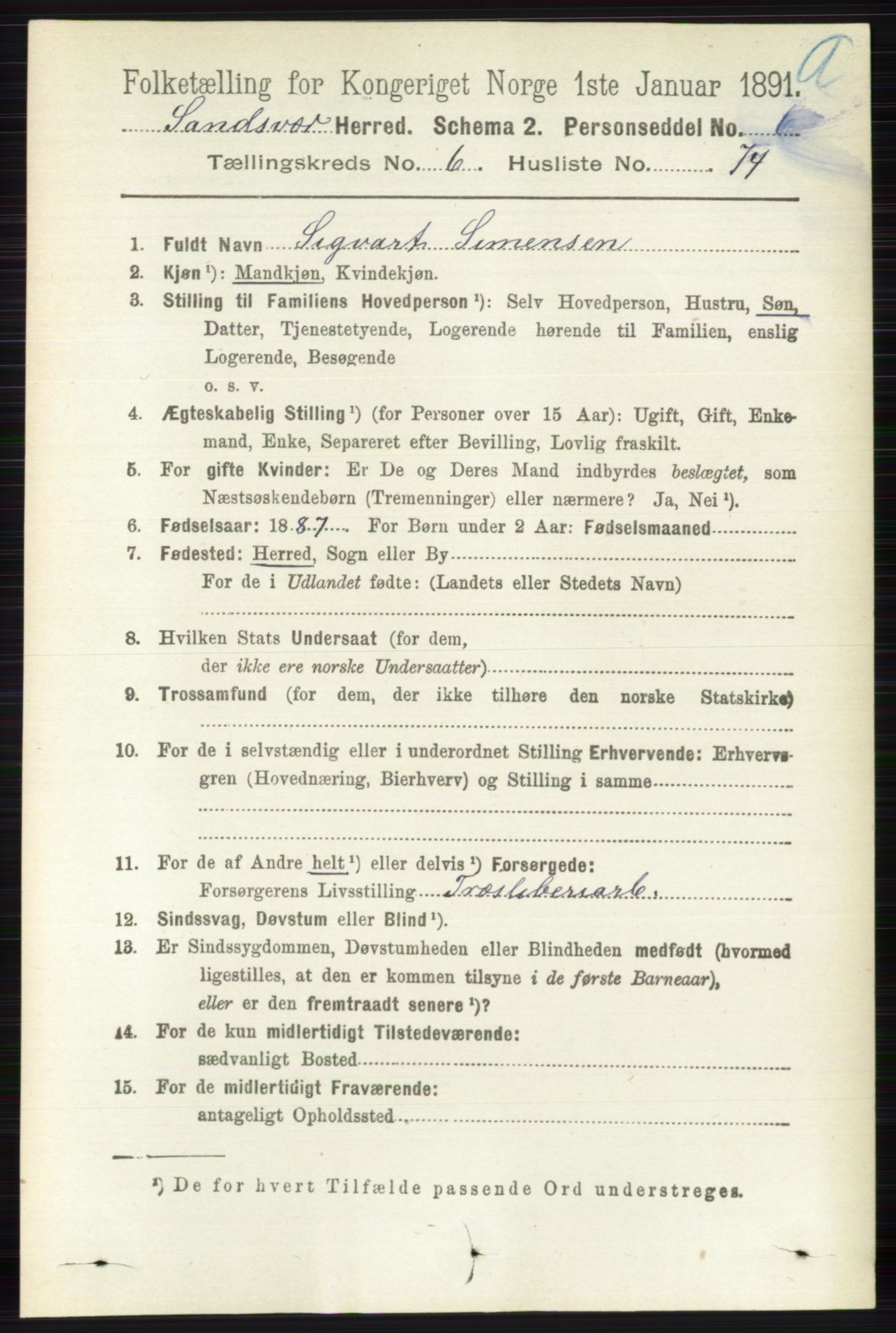 RA, 1891 census for 0629 Sandsvær, 1891, p. 3872