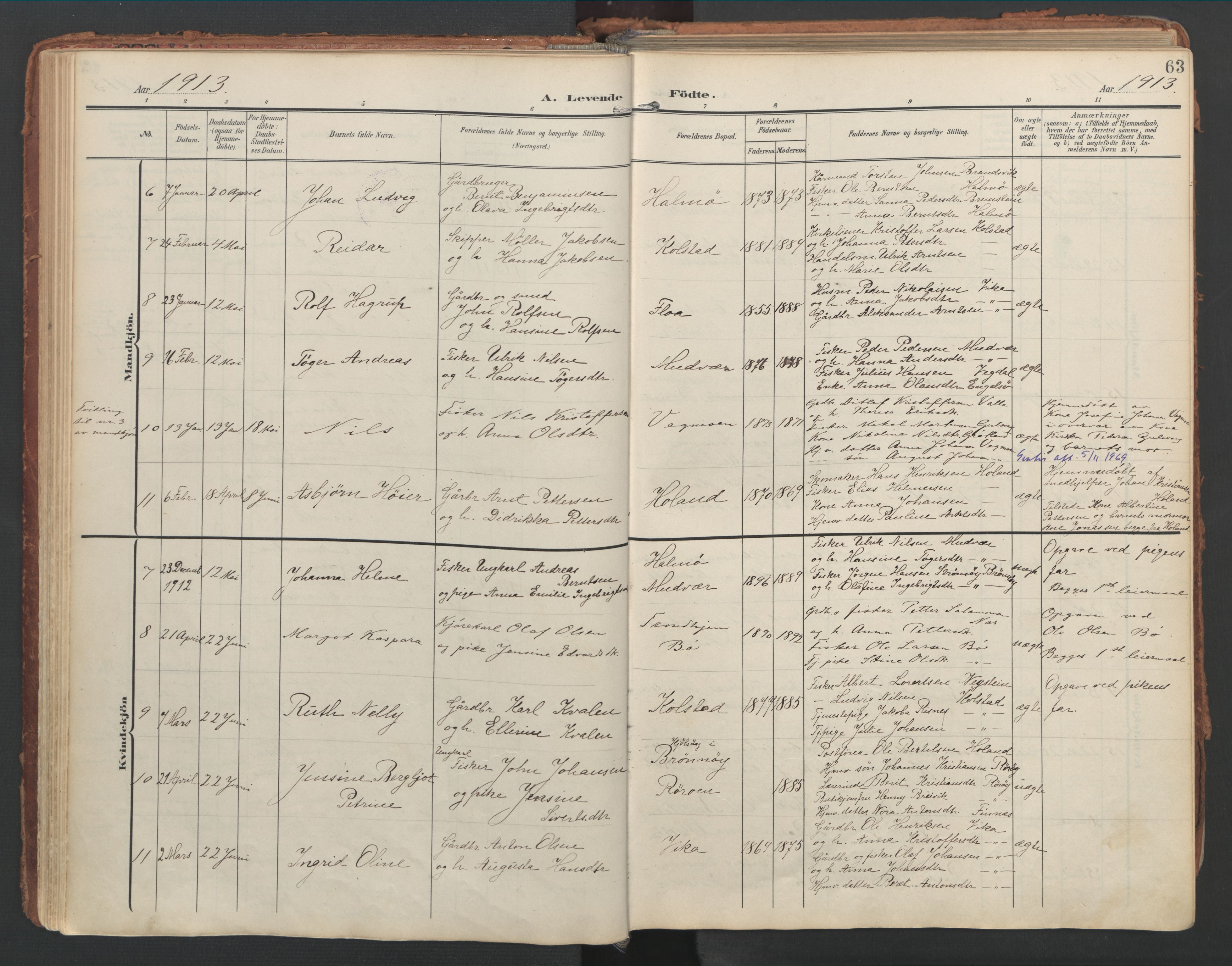 Ministerialprotokoller, klokkerbøker og fødselsregistre - Nordland, AV/SAT-A-1459/816/L0250: Parish register (official) no. 816A16, 1903-1923, p. 63