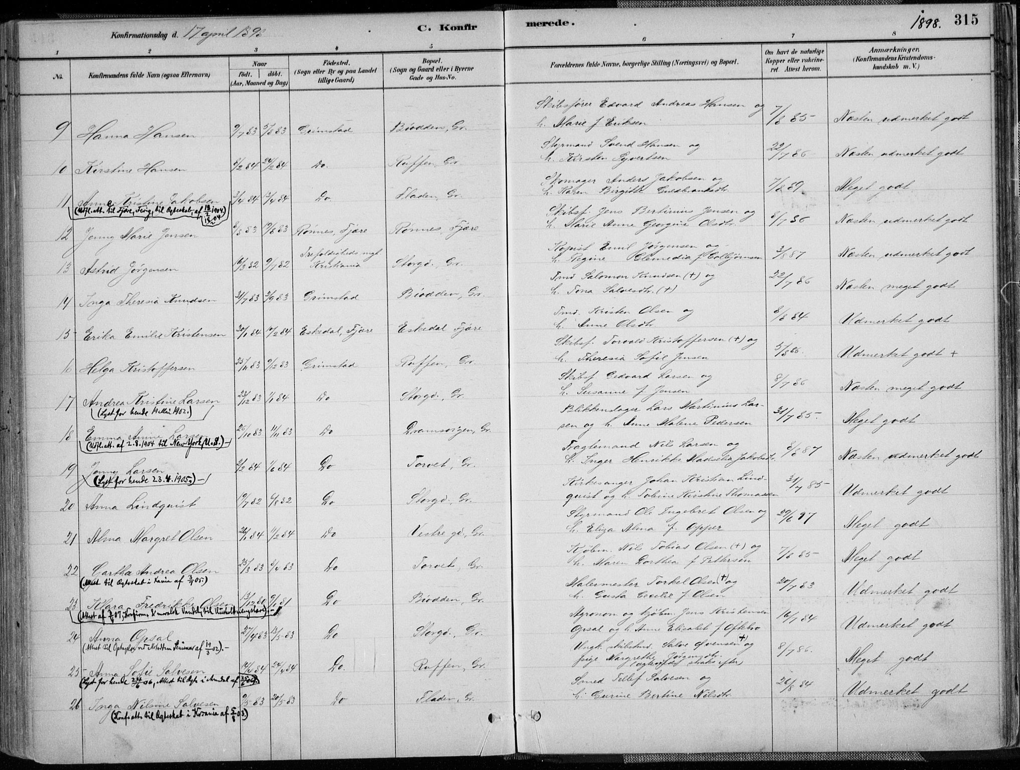 Grimstad sokneprestkontor, AV/SAK-1111-0017/F/Fa/L0003: Parish register (official) no. A 2, 1882-1912, p. 315