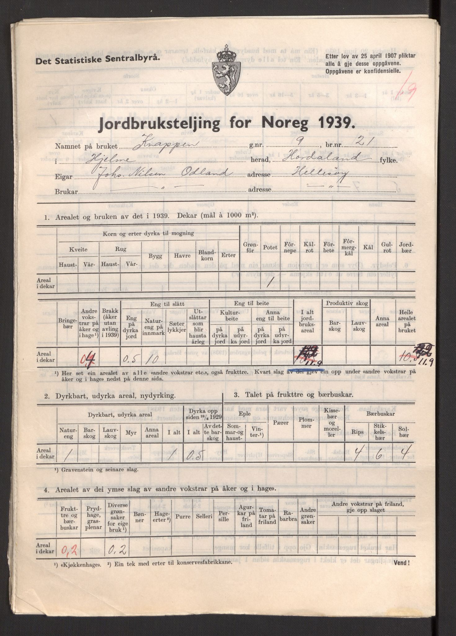 Statistisk sentralbyrå, Næringsøkonomiske emner, Jordbruk, skogbruk, jakt, fiske og fangst, AV/RA-S-2234/G/Gb/L0211: Hordaland: Herdla, Hjelme og Manger, 1939, p. 1263