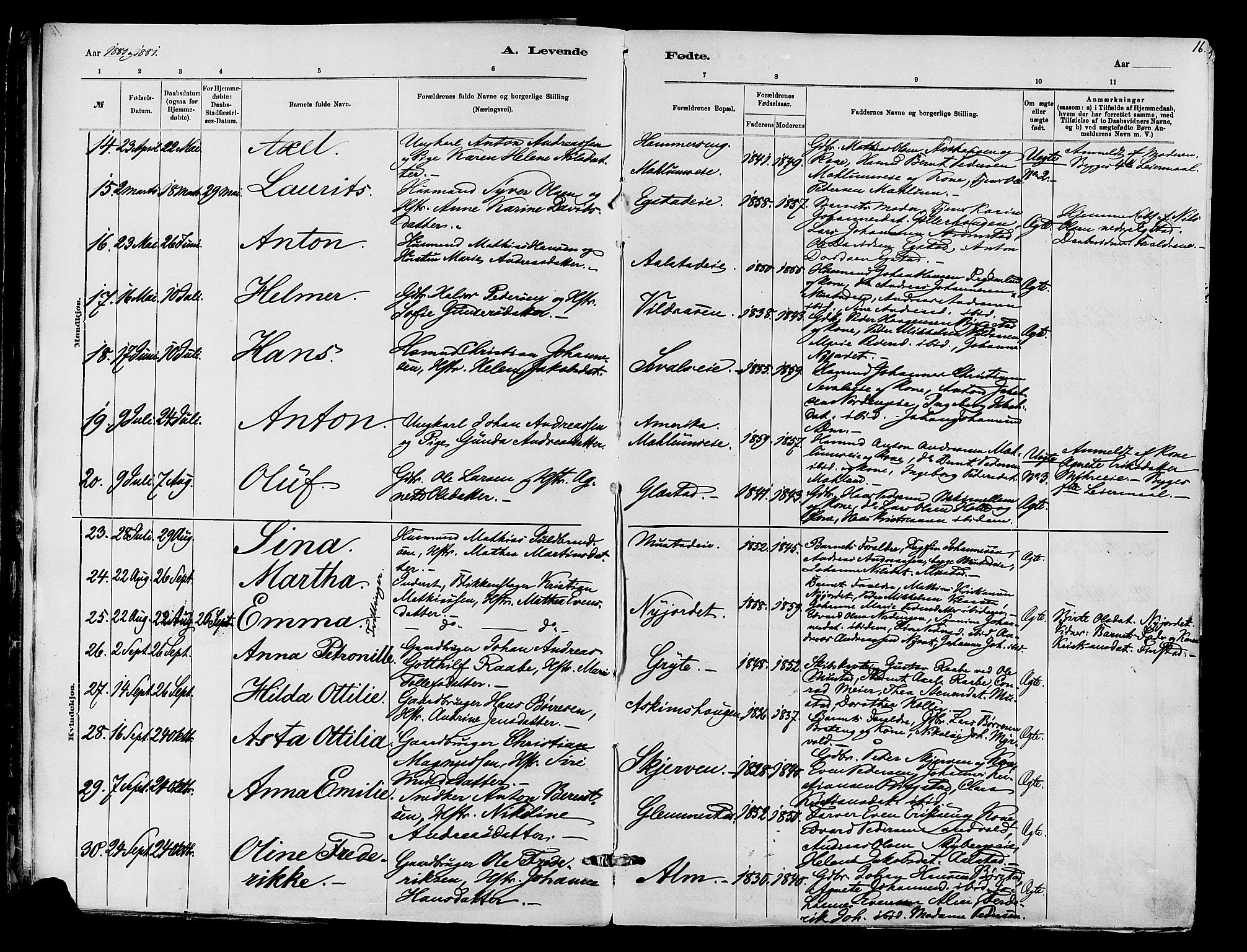 Vardal prestekontor, SAH/PREST-100/H/Ha/Haa/L0010: Parish register (official) no. 10, 1878-1893, p. 16