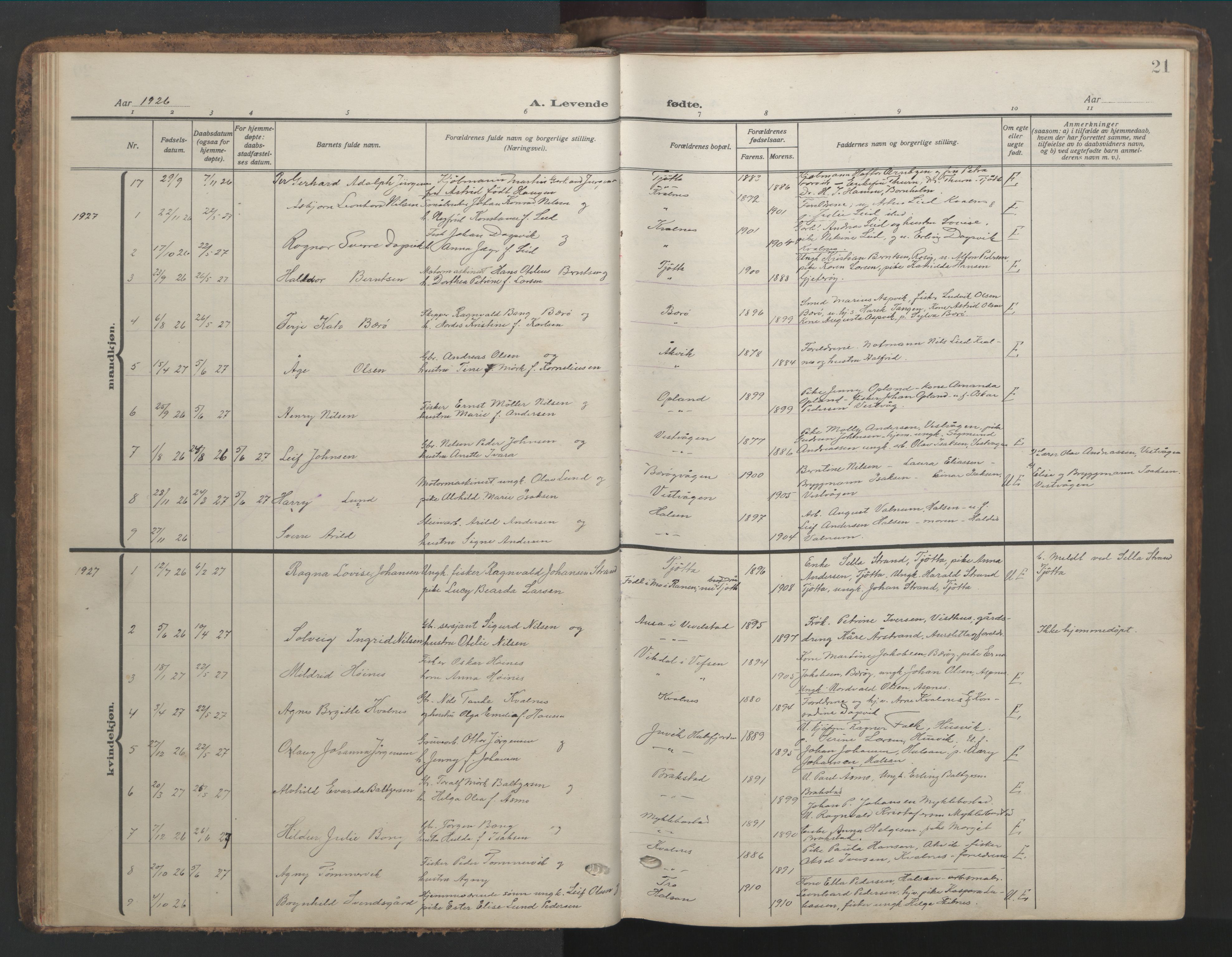 Ministerialprotokoller, klokkerbøker og fødselsregistre - Nordland, SAT/A-1459/817/L0269: Parish register (copy) no. 817C04, 1921-1949, p. 21