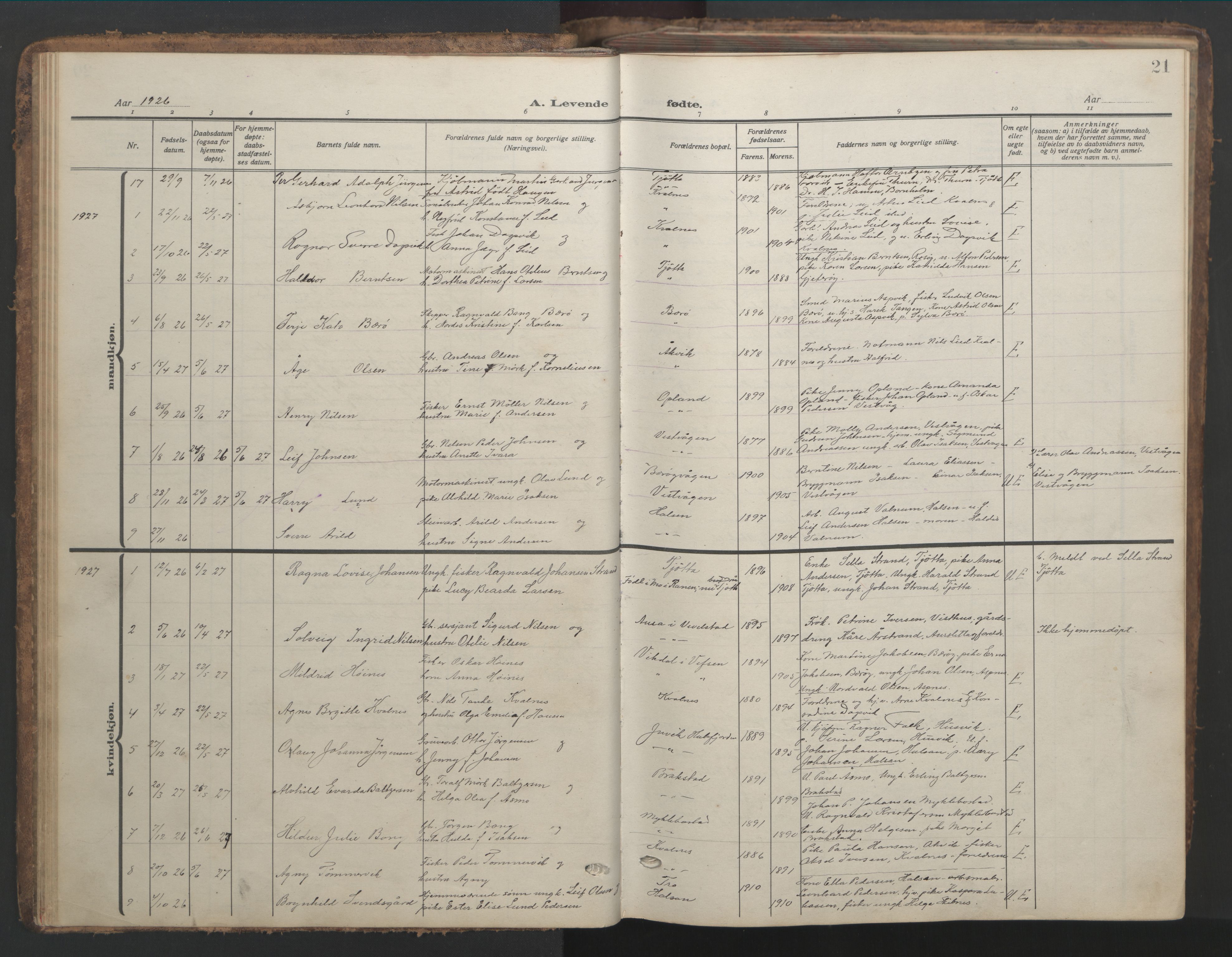 Ministerialprotokoller, klokkerbøker og fødselsregistre - Nordland, AV/SAT-A-1459/817/L0269: Parish register (copy) no. 817C04, 1921-1949, p. 21