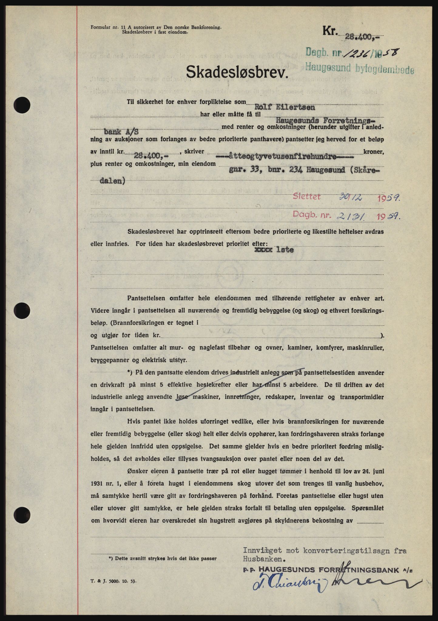 Haugesund tingrett, SAST/A-101415/01/II/IIC/L0044: Mortgage book no. B 44, 1958-1959, Diary no: : 1236/1958