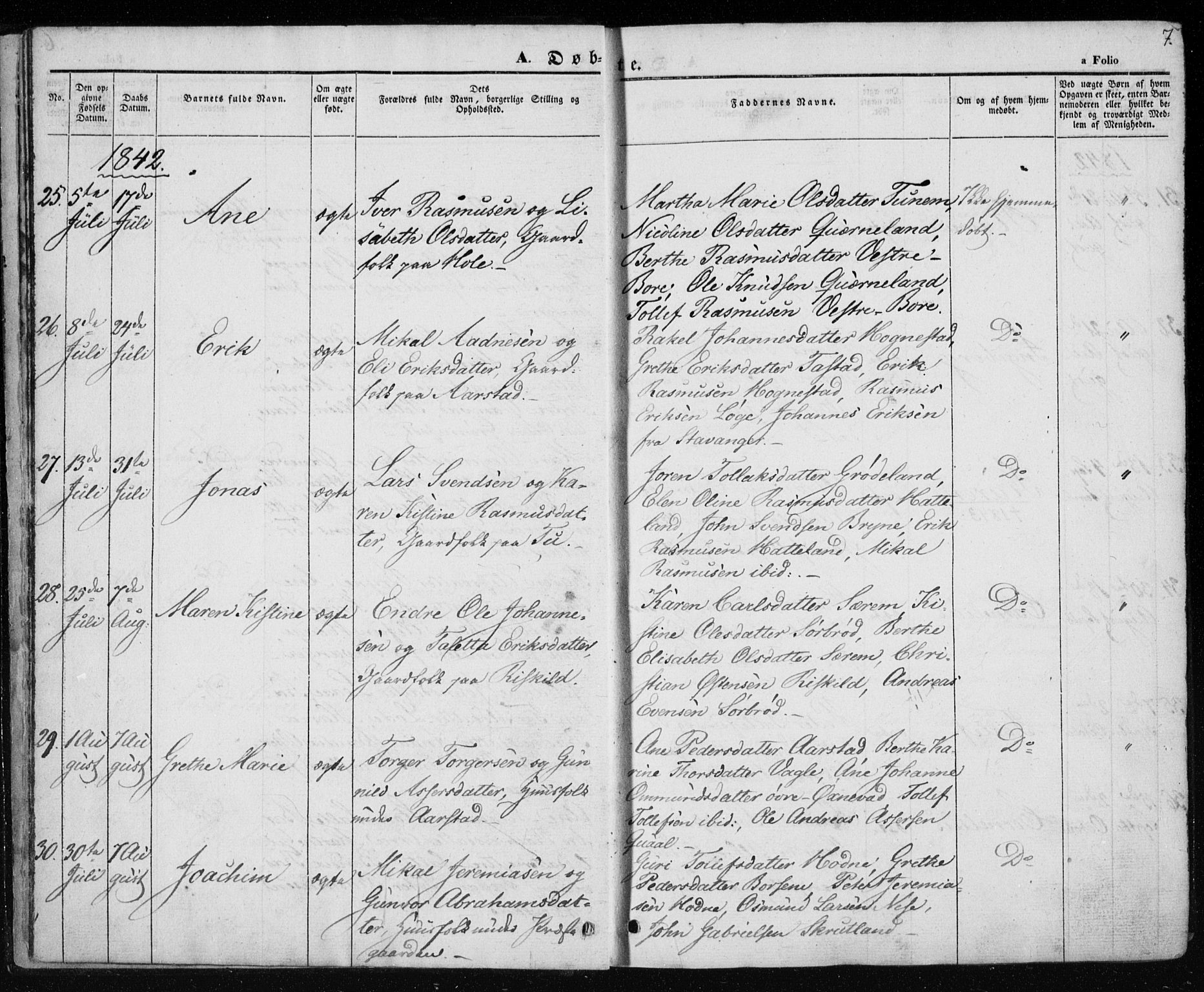 Klepp sokneprestkontor, AV/SAST-A-101803/001/3/30BA/L0004: Parish register (official) no. A 4, 1842-1852, p. 7
