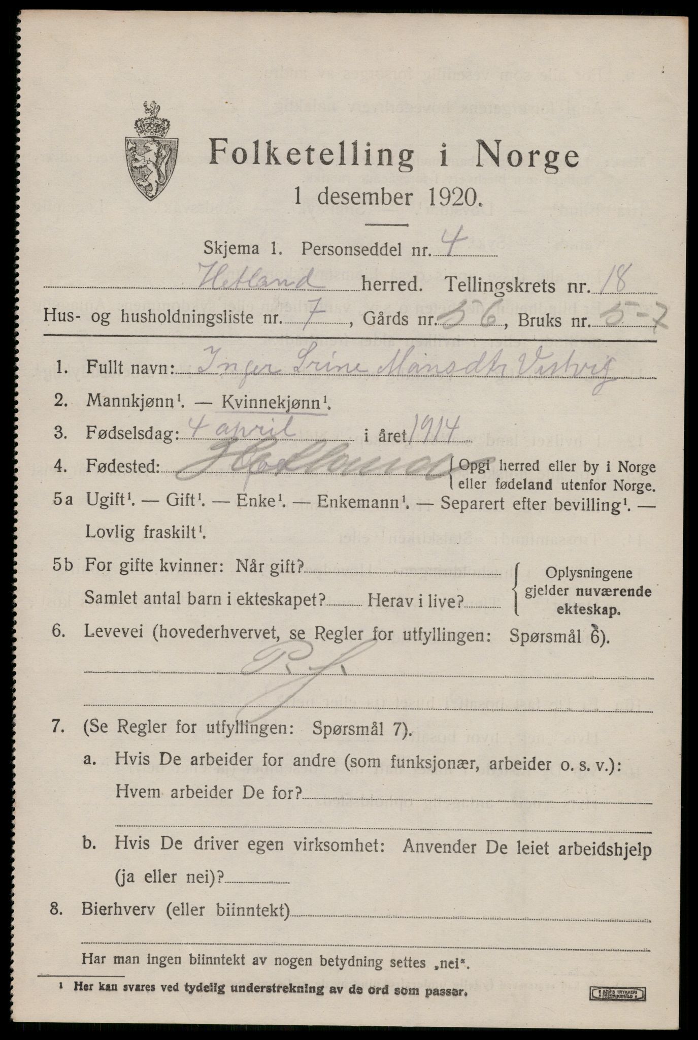 SAST, 1920 census for Hetland, 1920, p. 25147