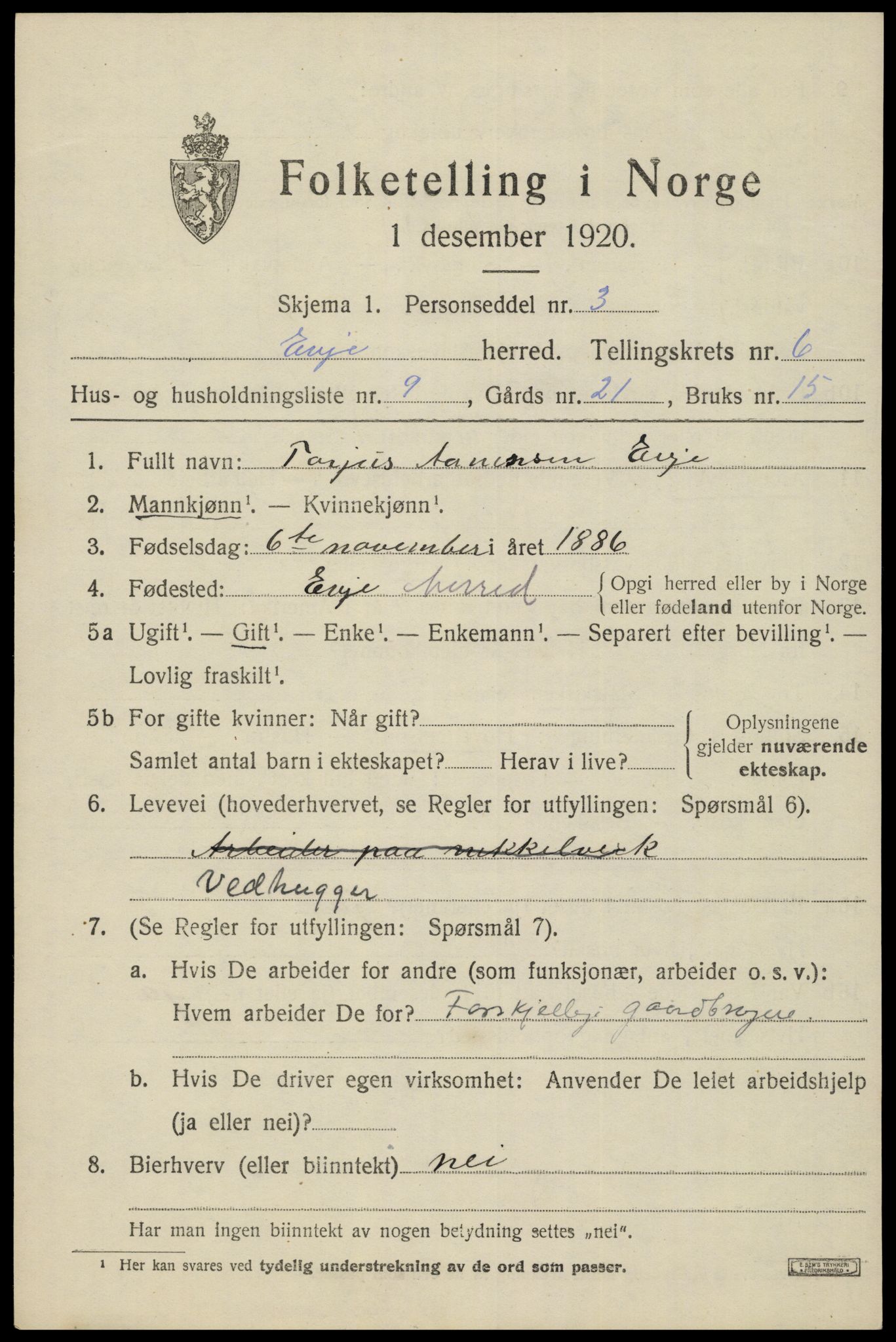 SAK, 1920 census for Evje, 1920, p. 2220