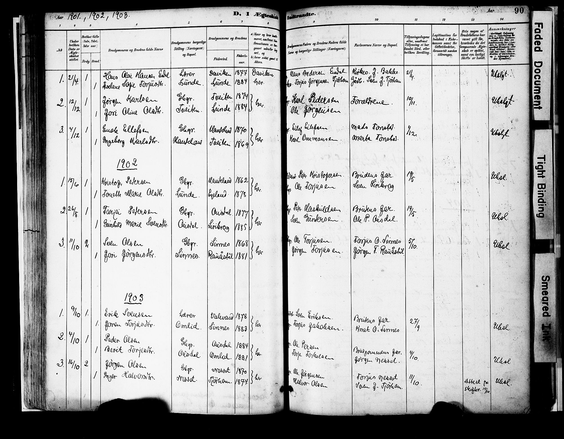 Sirdal sokneprestkontor, SAK/1111-0036/F/Fa/Faa/L0001: Parish register (official) no. A 1, 1887-1910, p. 90