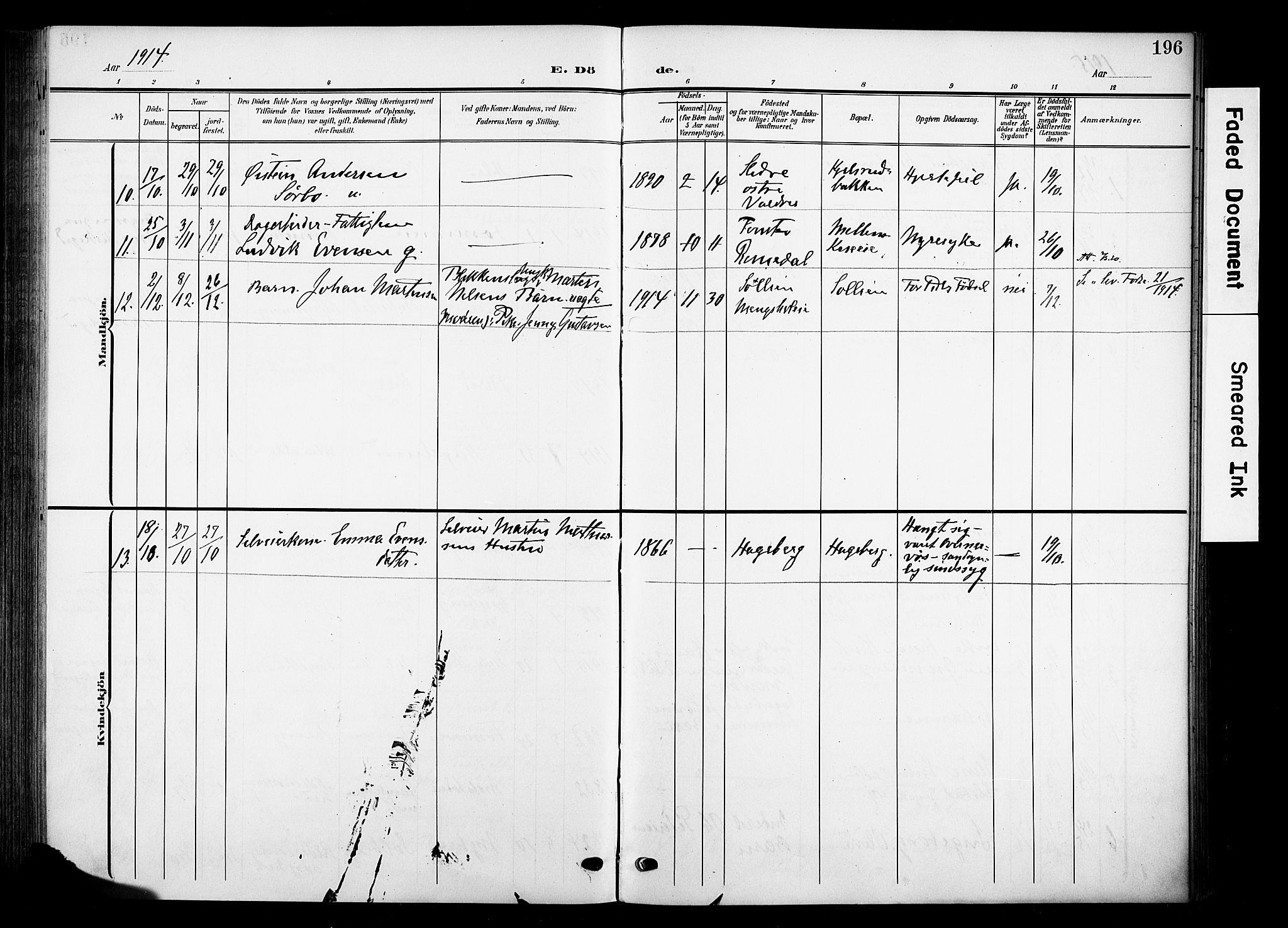 Nes prestekontor, Hedmark, SAH/PREST-020/K/Ka/L0013: Parish register (official) no. 13, 1906-1924, p. 196