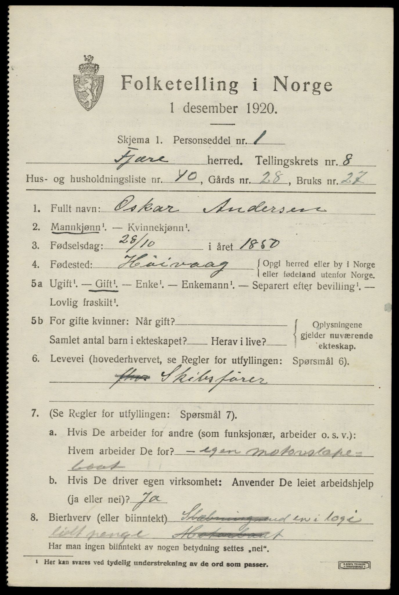 SAK, 1920 census for Fjære, 1920, p. 10777