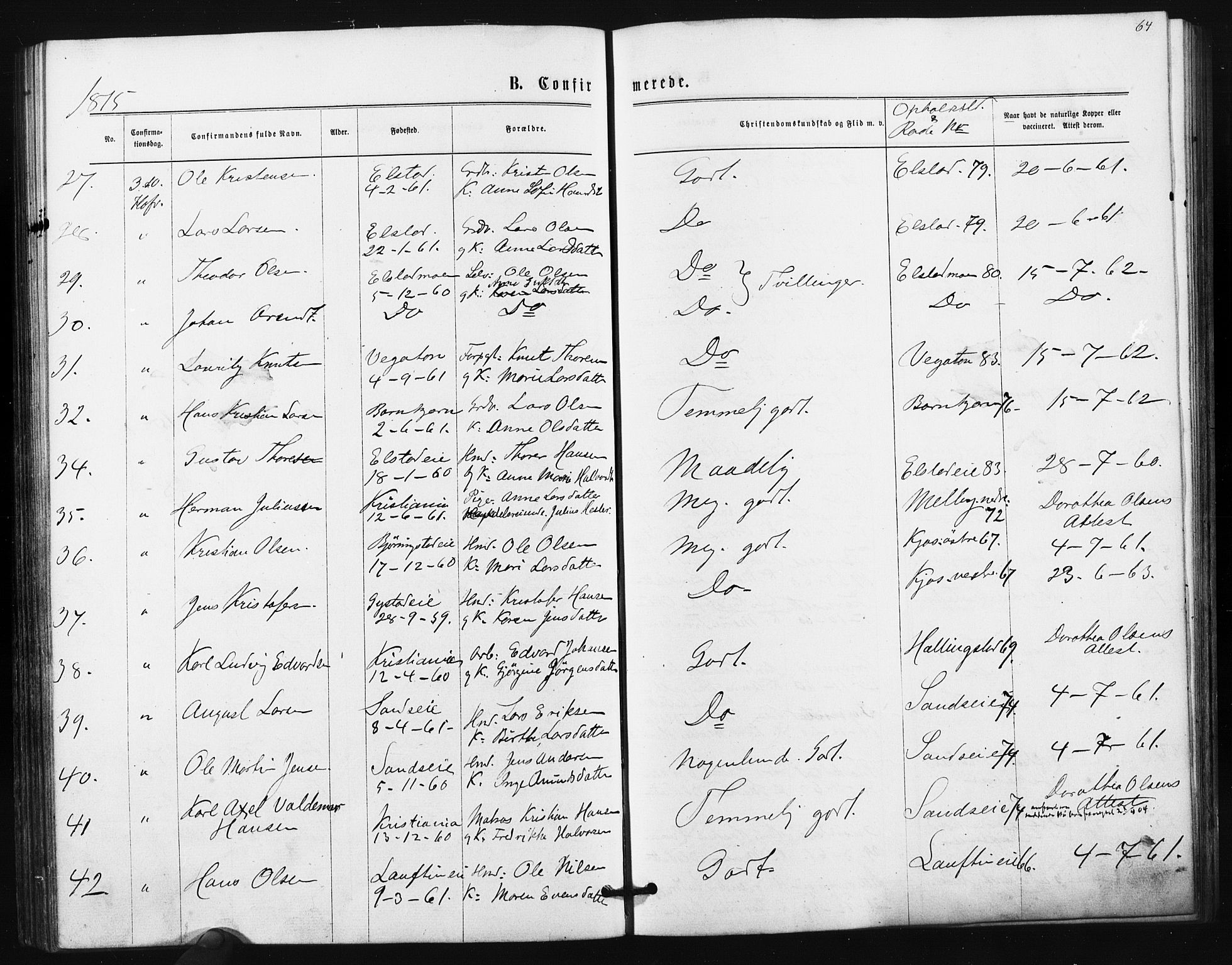 Ullensaker prestekontor Kirkebøker, SAO/A-10236a/F/Fa/L0017: Parish register (official) no. I 17, 1871-1875, p. 64