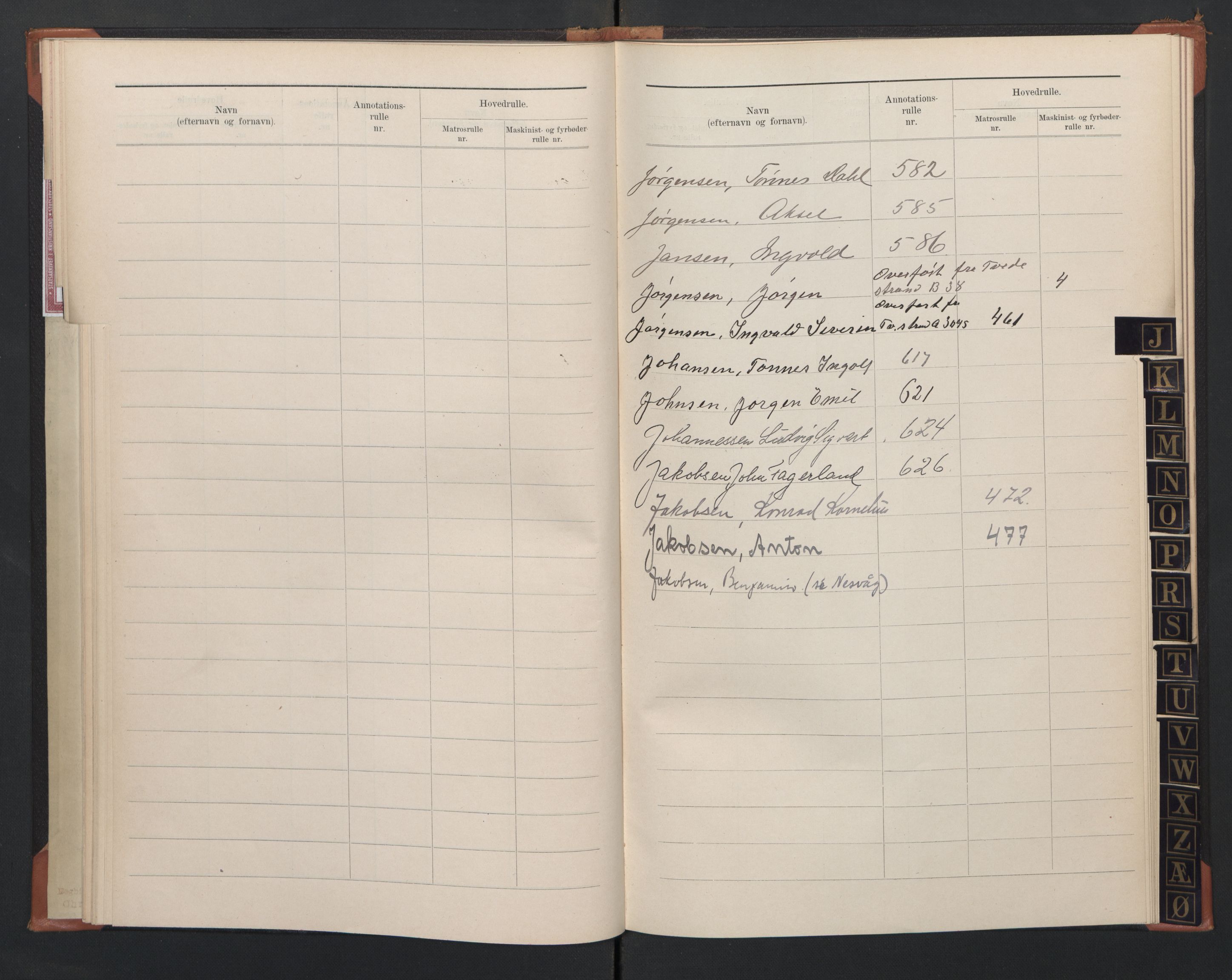 Sogndal mønstringskrets, SAK/2031-0020/F/Fb/L0004: Register til annotasjonsrulle nr 571-635, hovedrulle A nr 456-511 og hovedrulle B nr 3-9, P-5, 1910-1948, p. 12