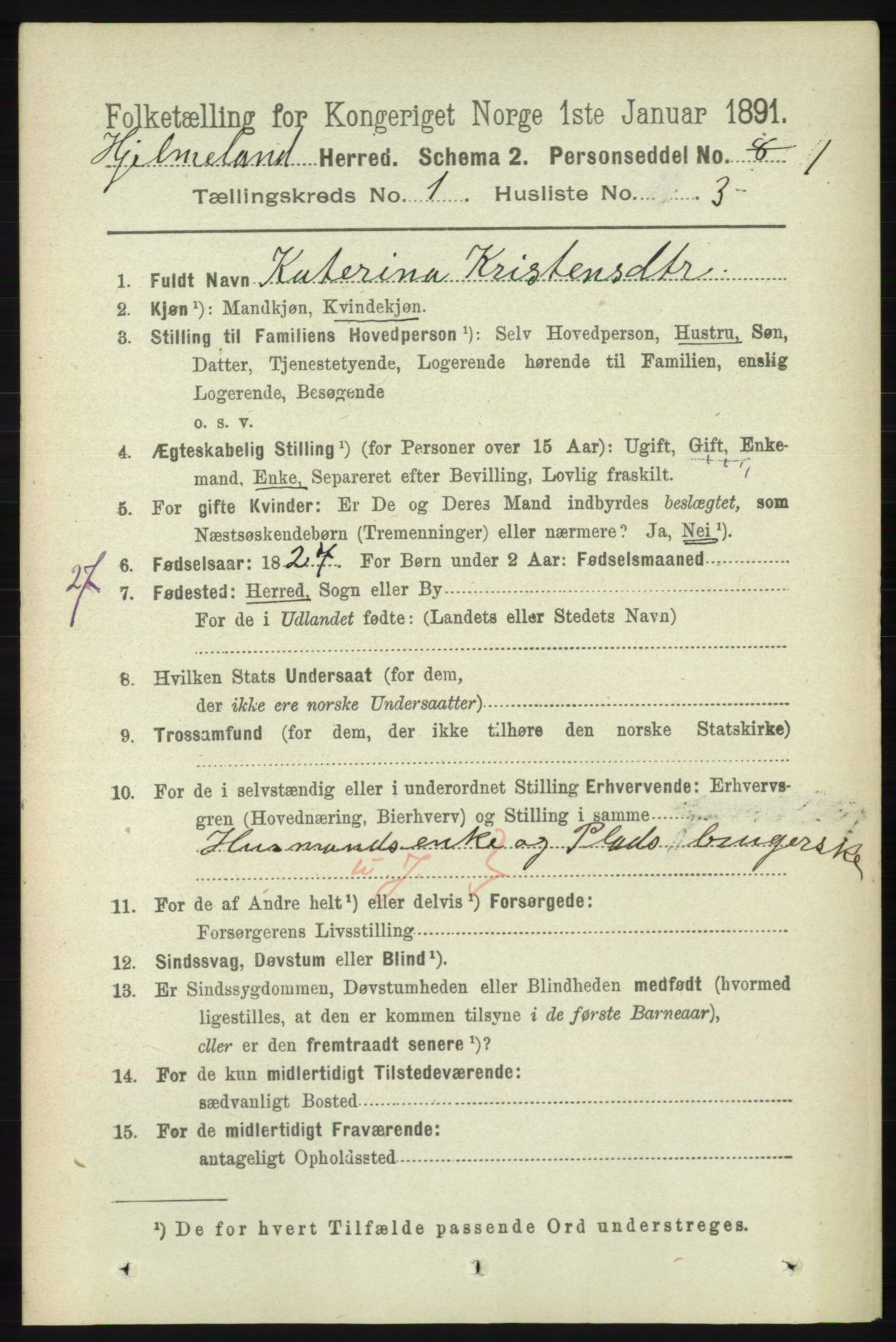 RA, 1891 census for 1133 Hjelmeland, 1891, p. 82