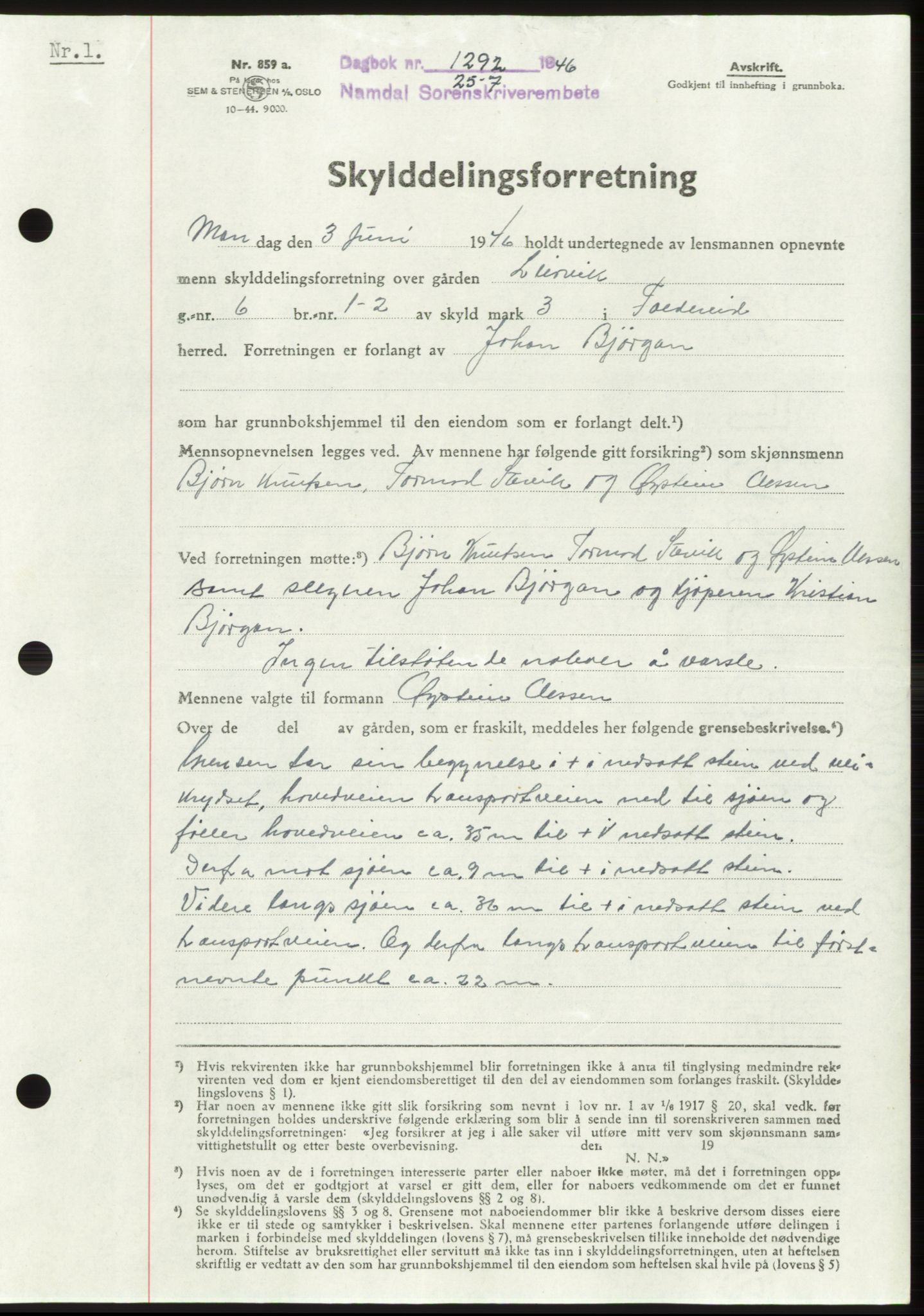 Namdal sorenskriveri, AV/SAT-A-4133/1/2/2C: Mortgage book no. -, 1946-1946, Diary no: : 1292/1946