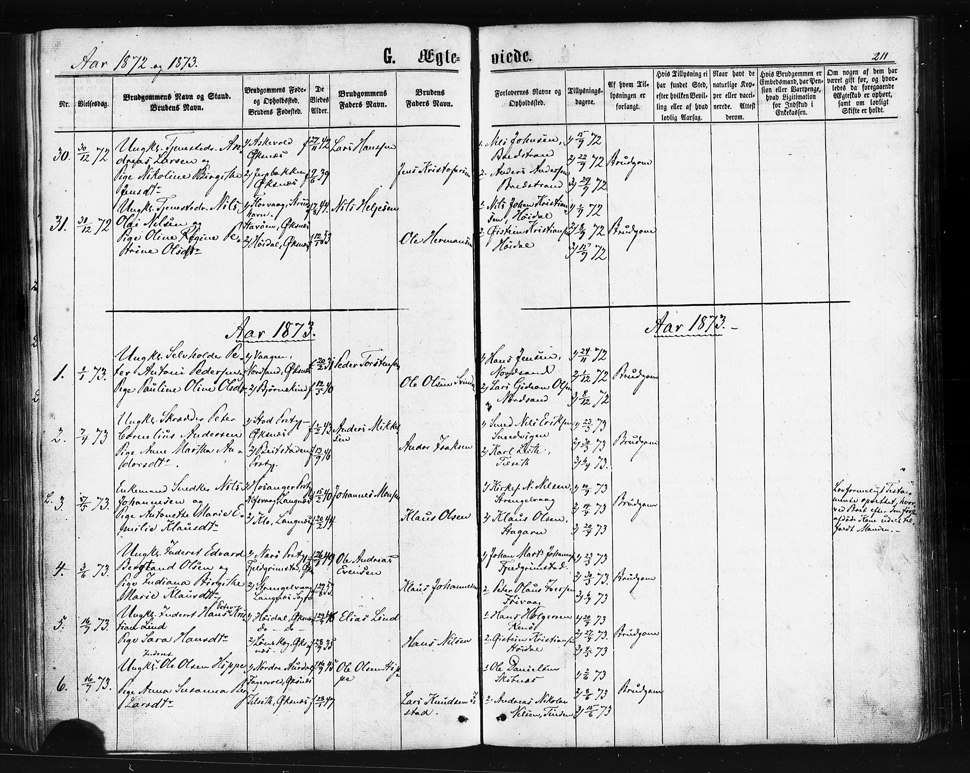 Ministerialprotokoller, klokkerbøker og fødselsregistre - Nordland, AV/SAT-A-1459/893/L1334: Parish register (official) no. 893A07, 1867-1877, p. 211