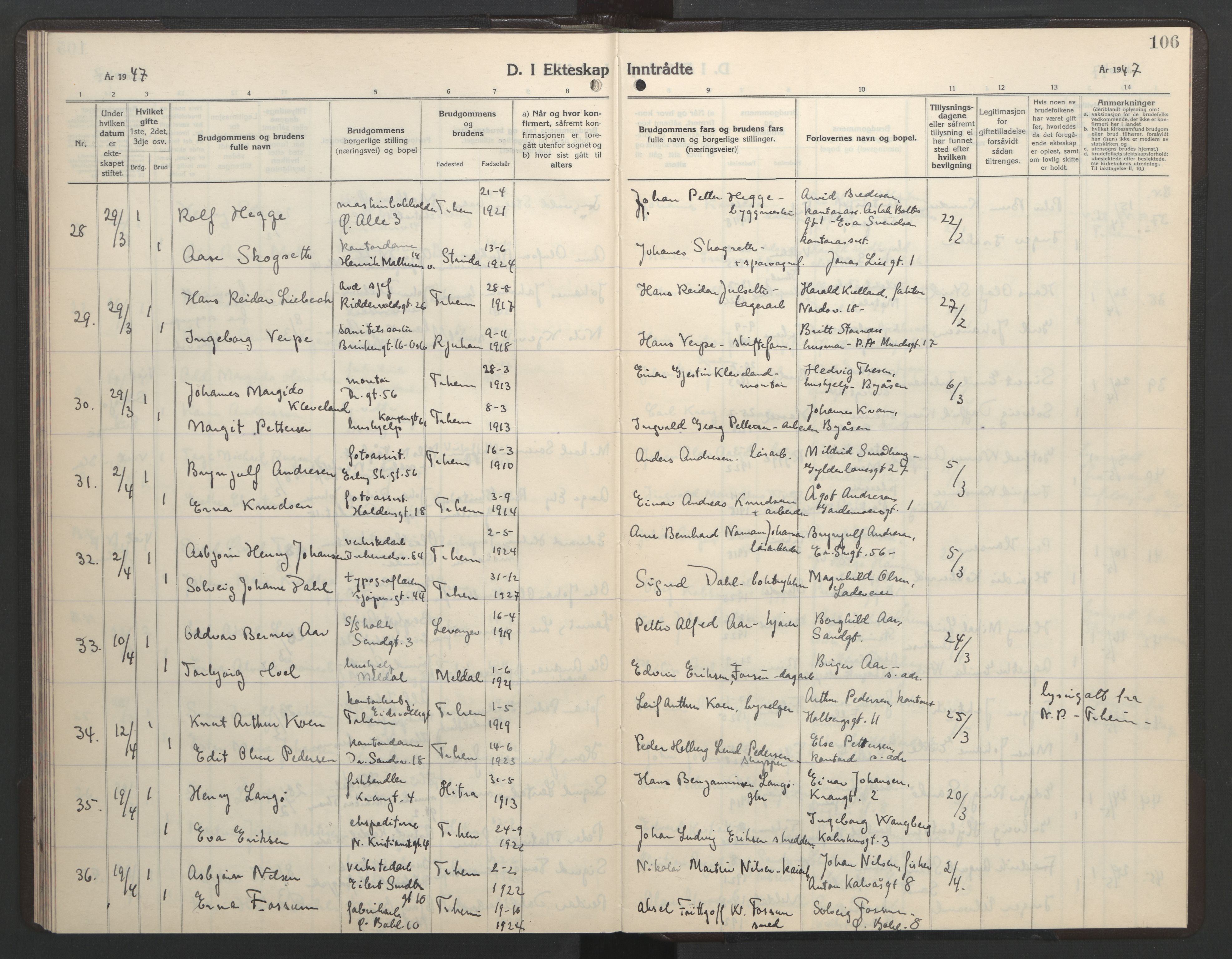 Ministerialprotokoller, klokkerbøker og fødselsregistre - Sør-Trøndelag, AV/SAT-A-1456/602/L0154: Parish register (copy) no. 602C22, 1940-1947, p. 106