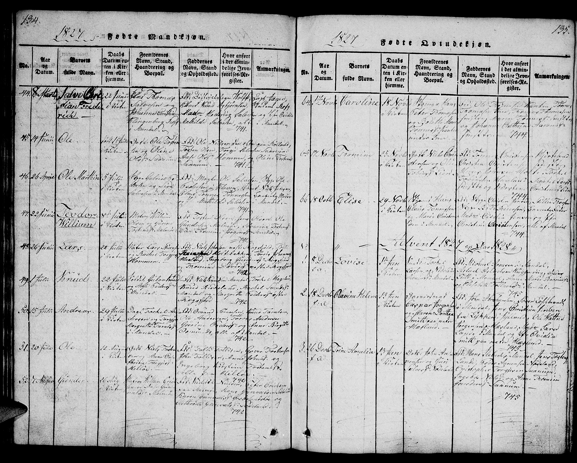 Mandal sokneprestkontor, AV/SAK-1111-0030/F/Fb/Fba/L0001: Parish register (copy) no. B 1, 1818-1830, p. 134-135