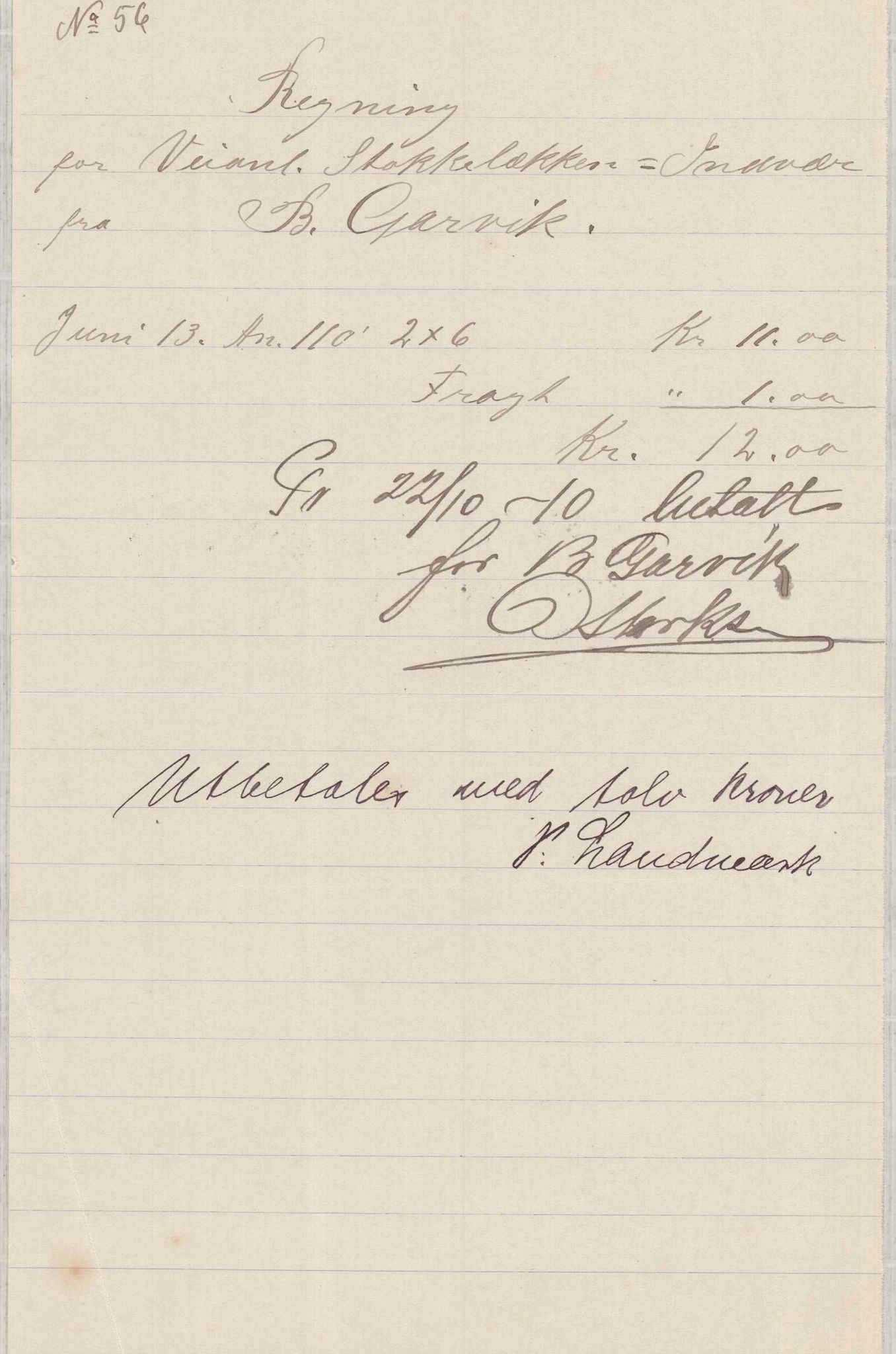 Finnaas kommune. Formannskapet, IKAH/1218a-021/E/Ea/L0001/0001: Rekneskap for veganlegg / Rekneskap for veganlegget Indvær - Stokkabakken, 1910-1915, p. 20