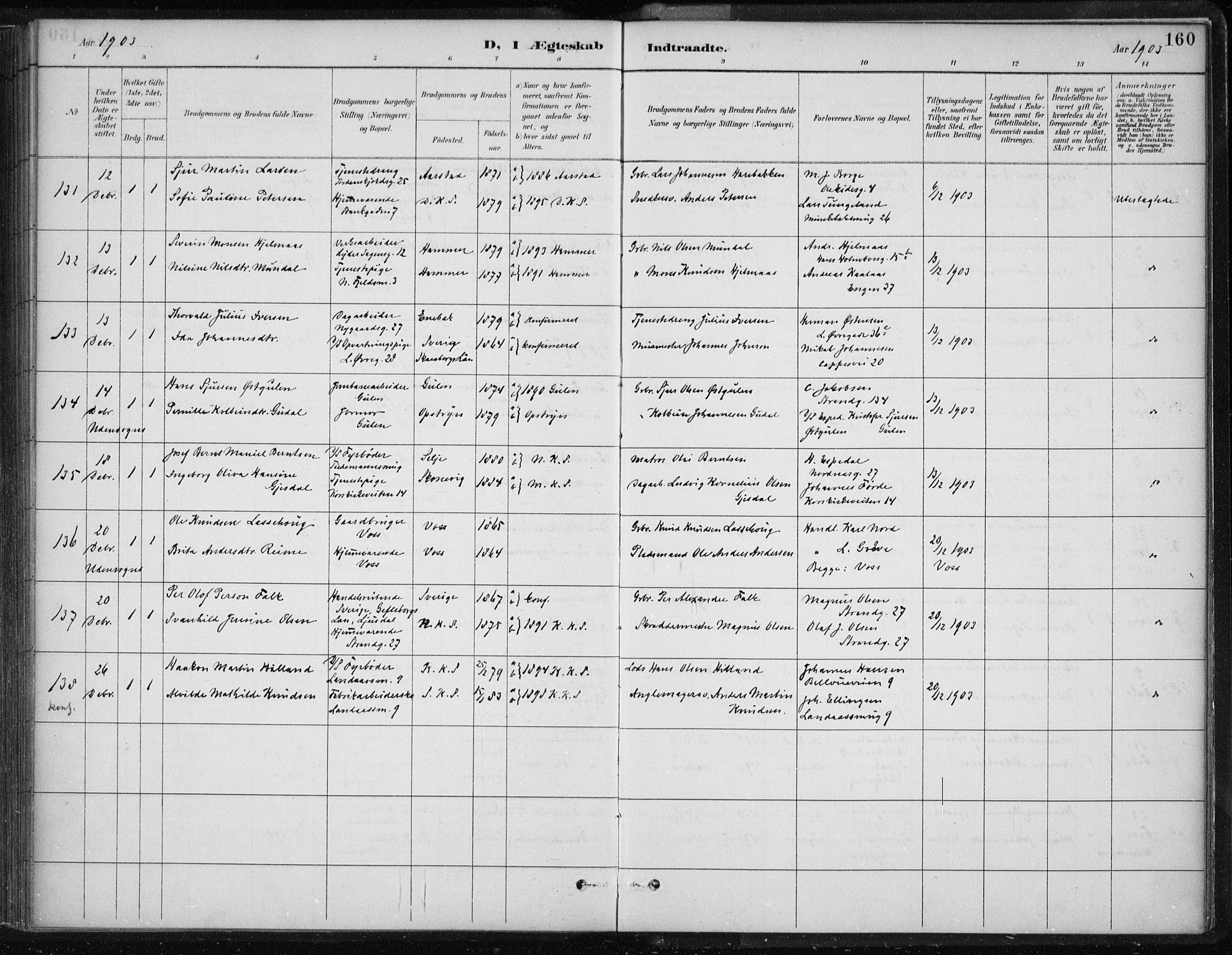 Korskirken sokneprestembete, AV/SAB-A-76101/H/Hab: Parish register (copy) no. D 3, 1887-1906, p. 160